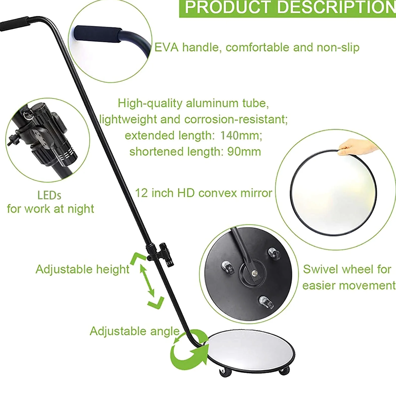 Espejo De Inspección para Bajos De Vehículos De 12 Pulgadas, Espejo De Búsqueda Portátil para Bajos De Vehículos, Varilla Retráctil De 90-140 Cm con Ruedas Y Luz Led