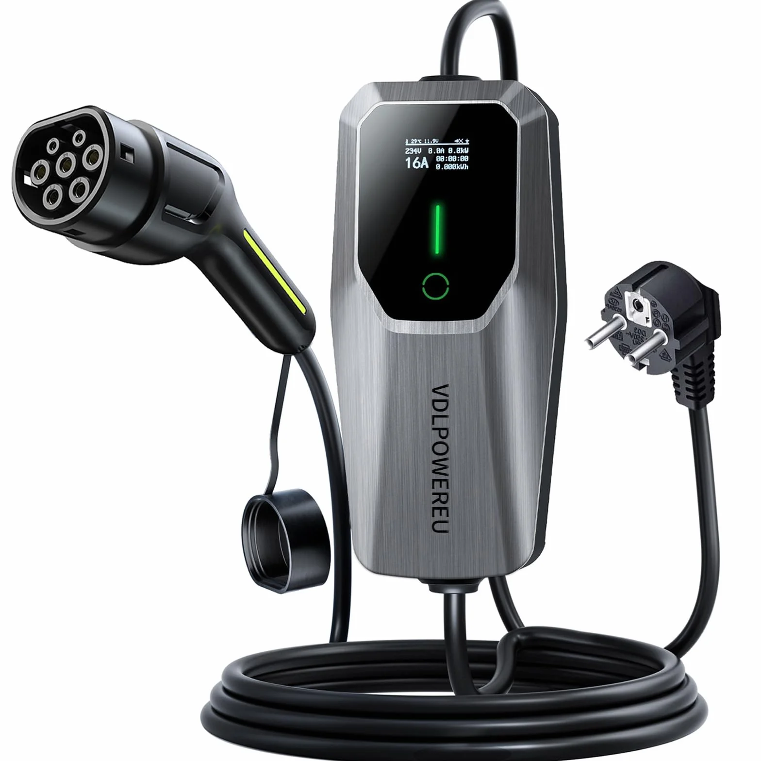 Cargador Coche Electrico, Cargador de Vehículo Eléctrico de 3,68 Kw / 6-16A Tipo 2 con Enchufe Schuko, 5m Cable de Carga de Vehículo Eléctrico con Pantalla Digita, IEC 62196-2, IP65