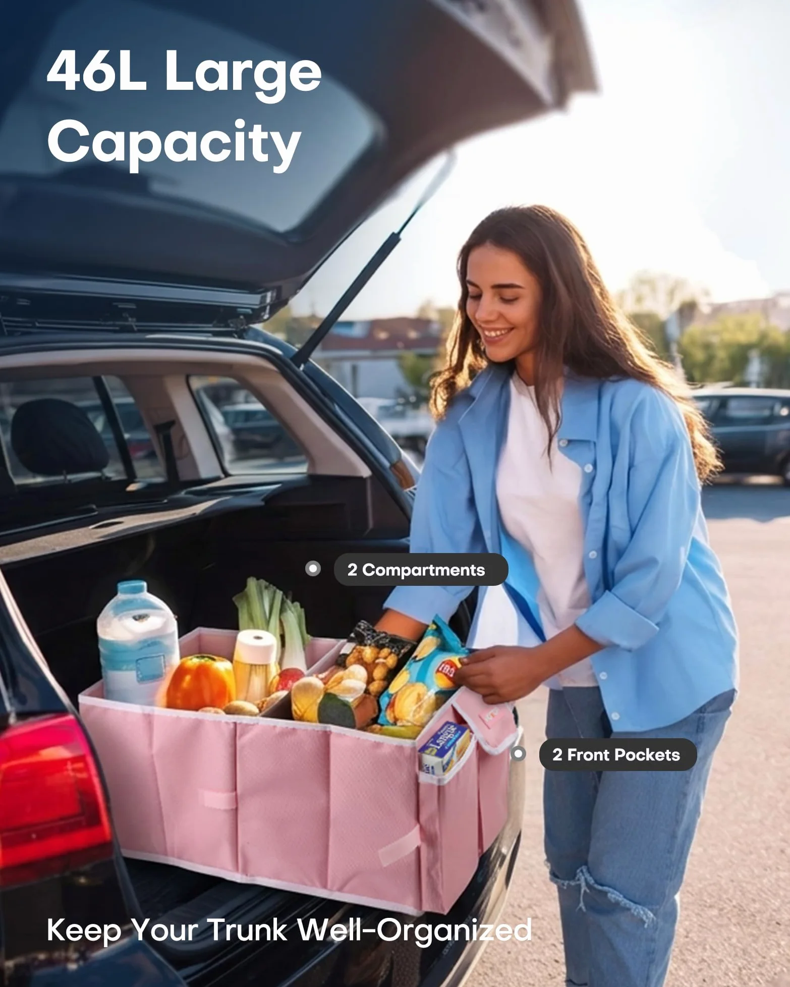 HOTOR Organizador de maletero de coche, Separador Maletero para Coche, Rosa, Básico, 2 Compartimentos