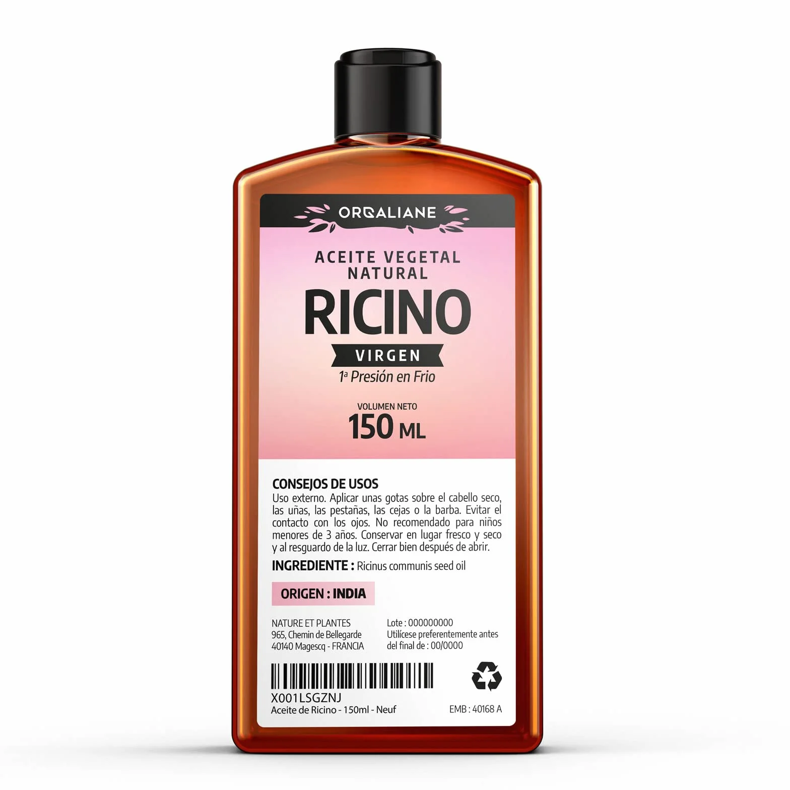 Aceite de Ricino 150 ml 100% Virgen Prensado en Frío Ricinus Communis para Cabello, Pestañas y Uñas