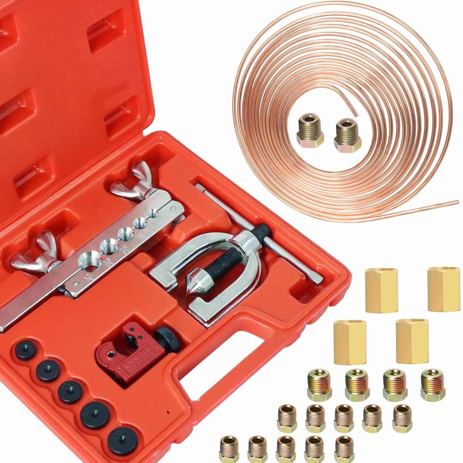 Poweka Kit de Herramientas para Cable de Freno,7,6 m 4.7 mm Conducta De Freno para Herramienta Abocardar con 16 Accesorios de Tubo de Freno y 4 Roscas,Kit De Manguera De Freno