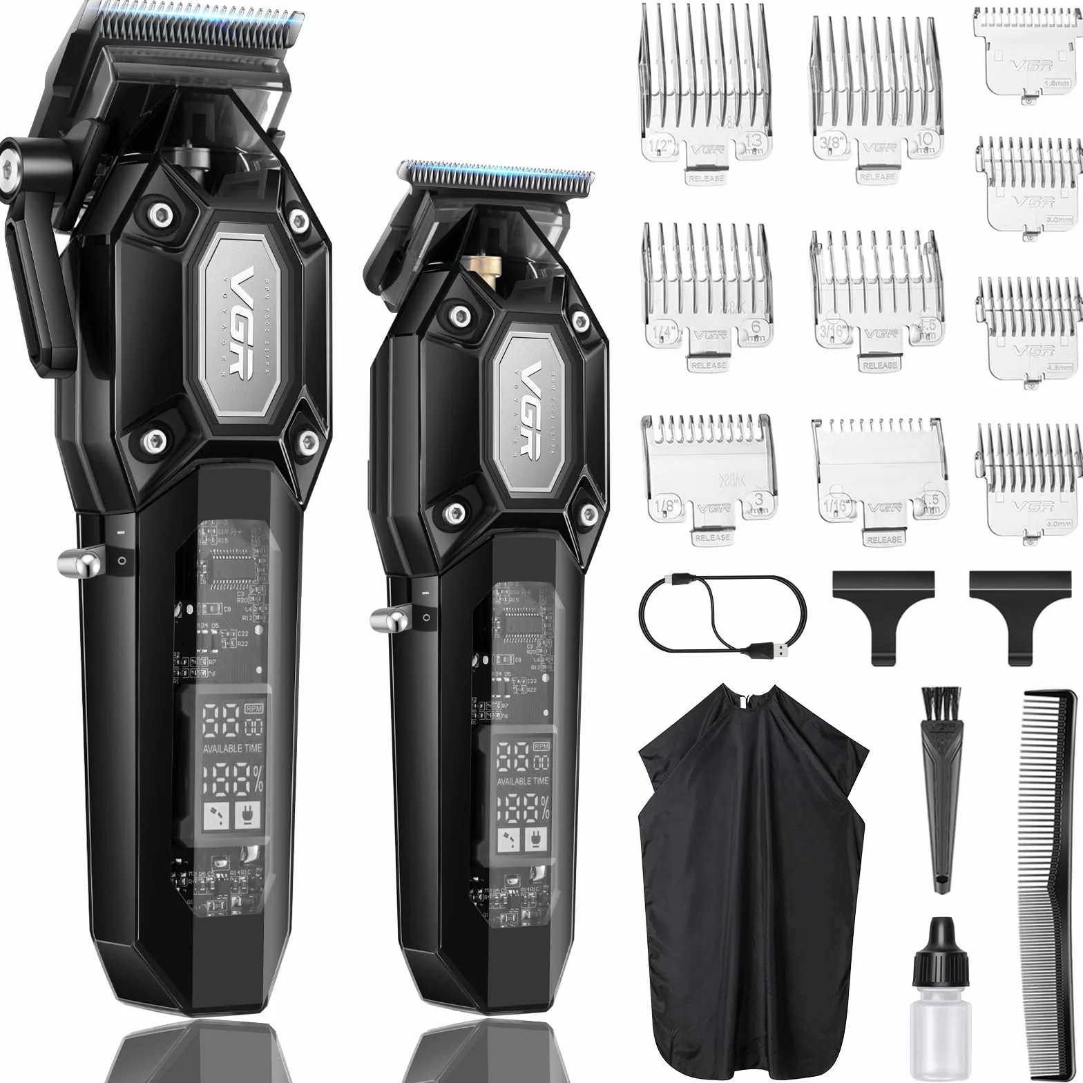 VGR Maquina Cortar Pelo Profesional Inalámbrico Kit con 10 Peines Guía, Pantalla LED, Carga USB, Negro