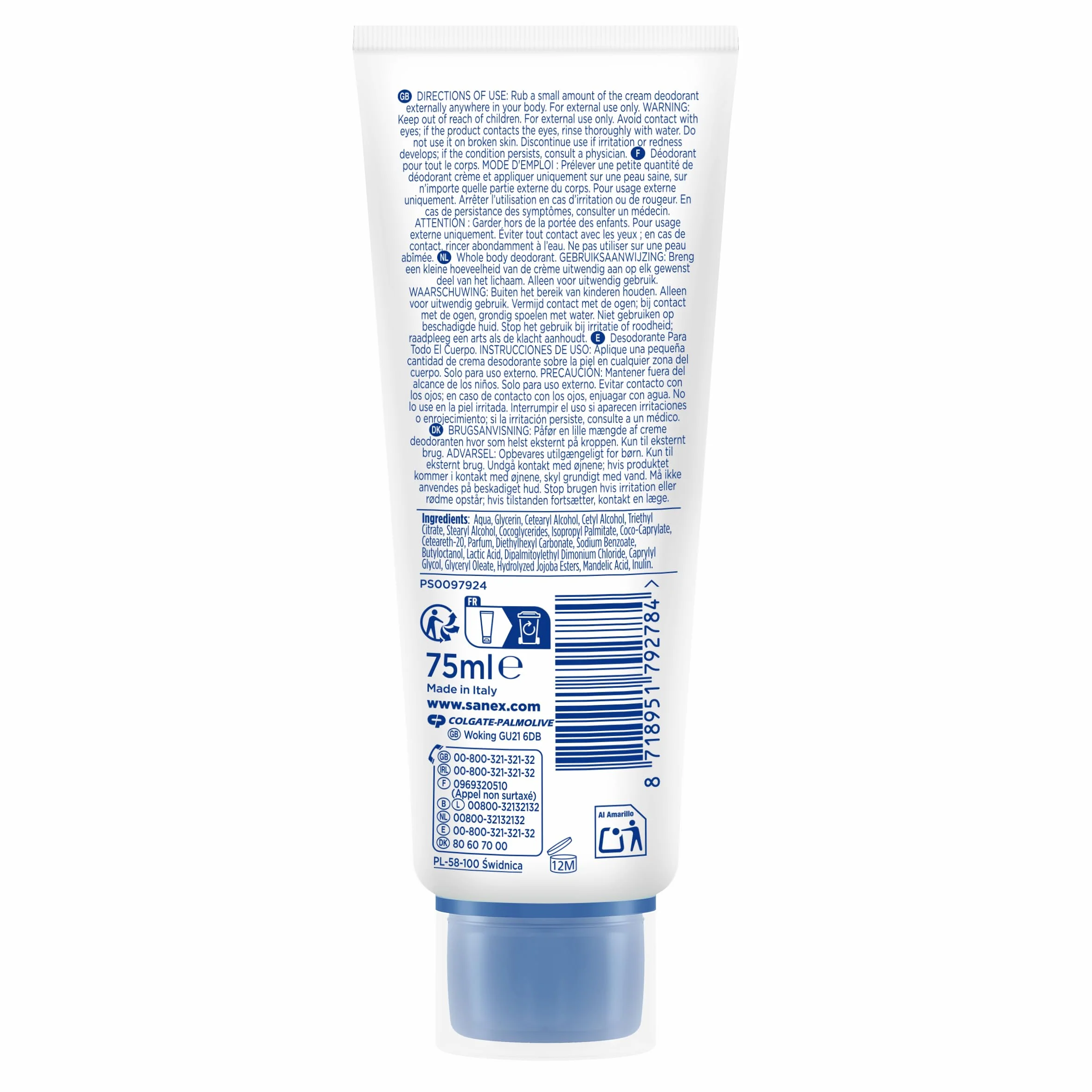 Sanex Men Crema Todo el Cuerpo Deo Frescor Total 75ml, Desodorante 72h Protección Olor Hipoalergénico