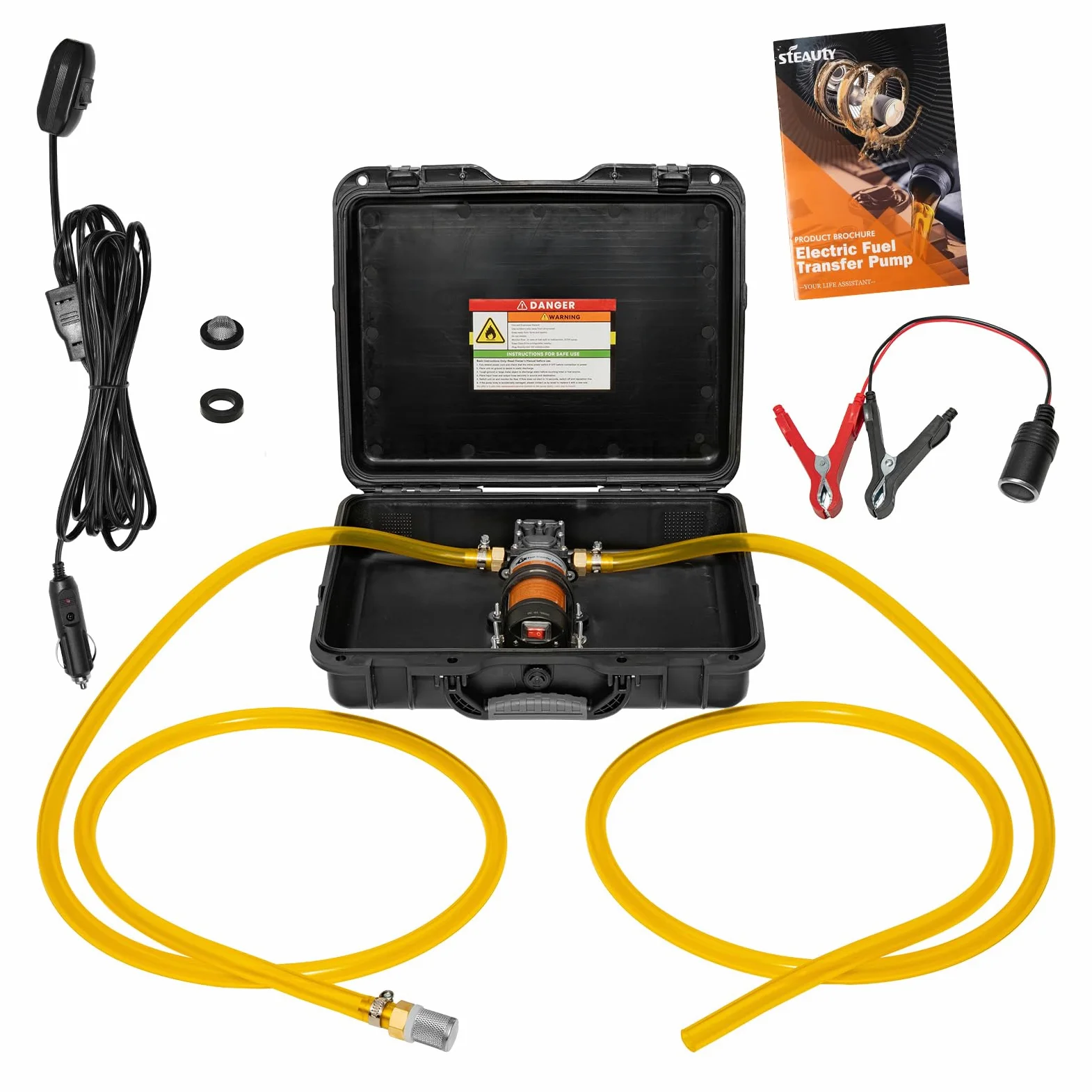 Juego de bomba de transferencia de combustible de 12 V, mueve hasta 120 galones de gas o diésel por hora con motor de 80 W CC y funda de transporte mejorada, adecuada para vehículos, barcos, equipos