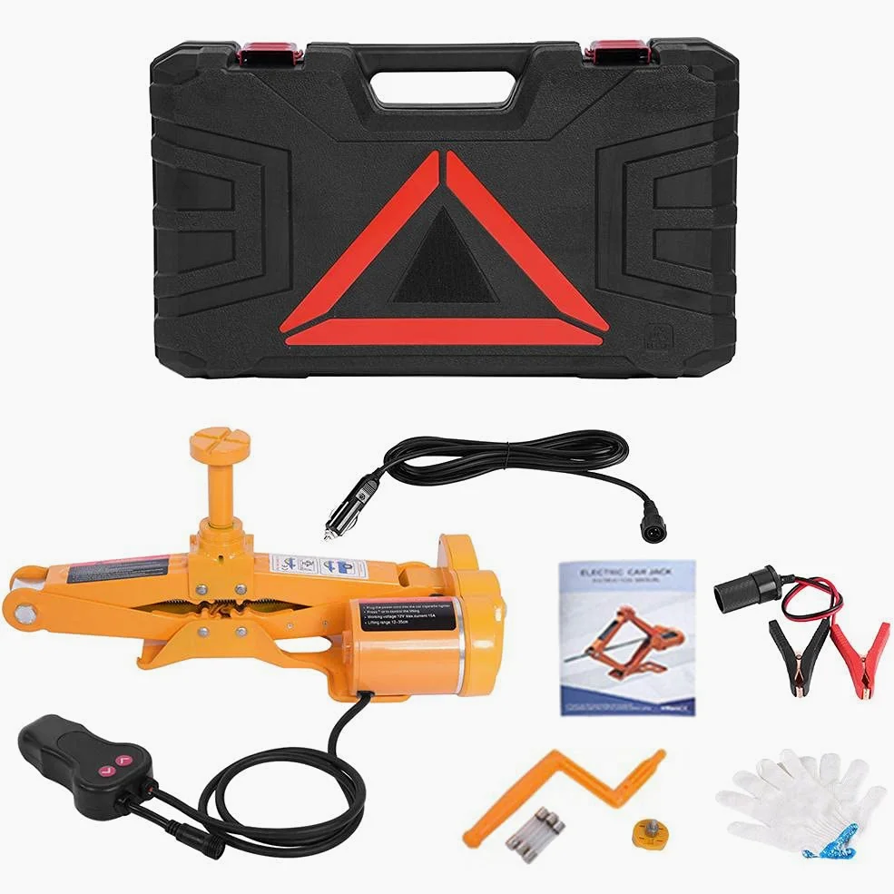 Gato Eléctrico de Coche 3T, 12V CC Gato eléctrico de Tijera Altura de elevación de Dos etapas (12-35cm y 17-42cm) con maletín de Almacenamiento y Guantes para SUV, Furgonetas, talleres