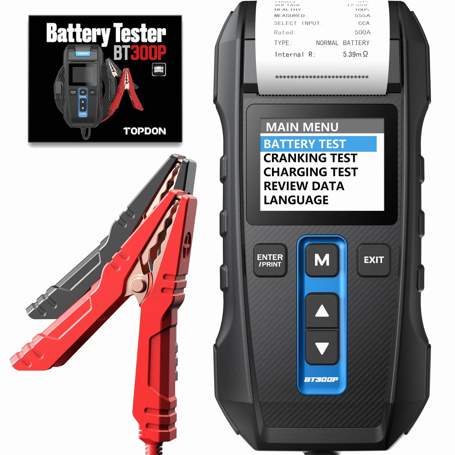 TOPDON BT300P Comprobador de Baterías de Coche 12V 24V 100-2000CCA con Impresora