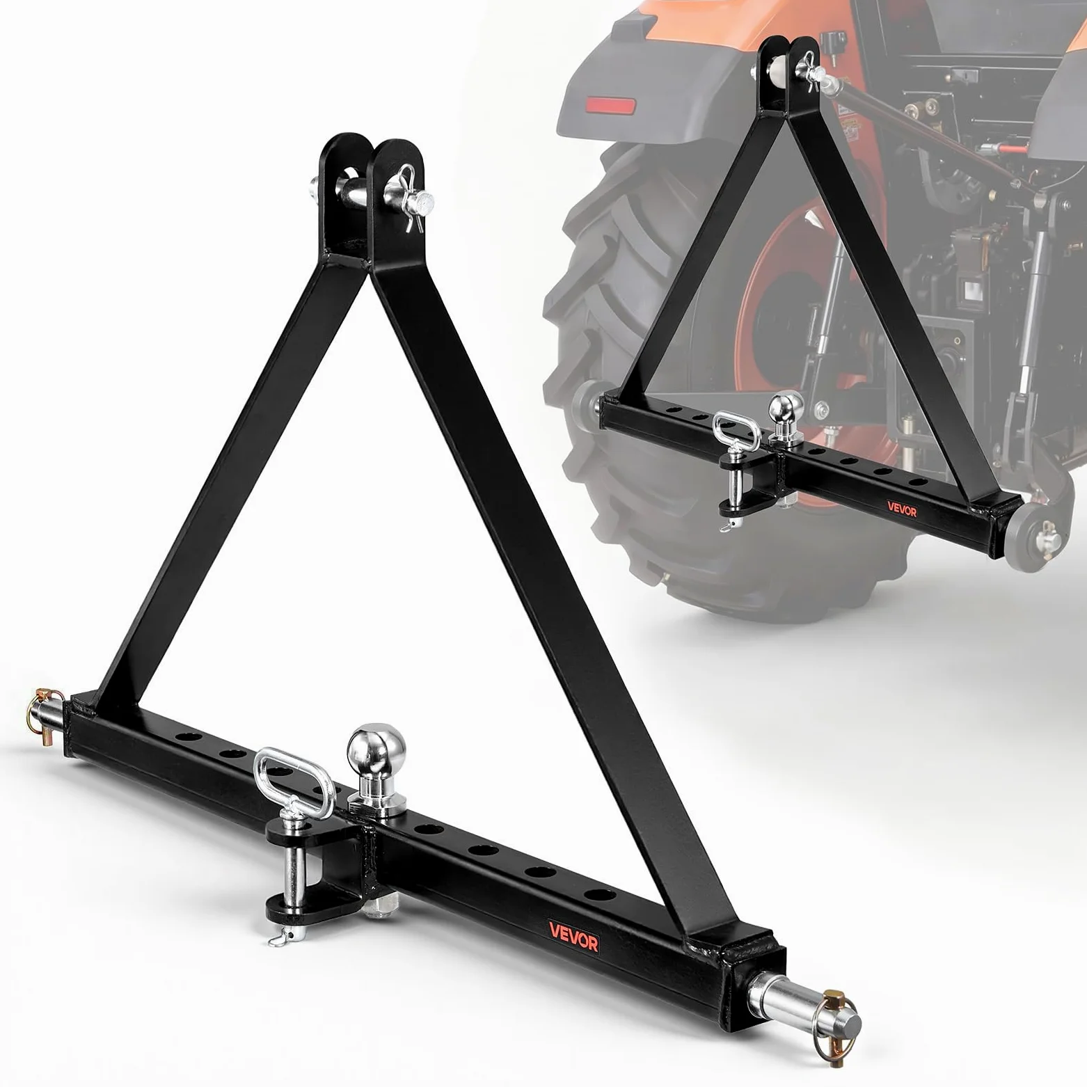 VEVOR Enganche de Remolque de 3 Puntos, Adaptador de Acoplamiento con Enganche de Cabeza Esférica, Compatible con Tractores de Categoría 2 de Kubota Mahindra Ford Yanmar John Deere Massey Ferguson