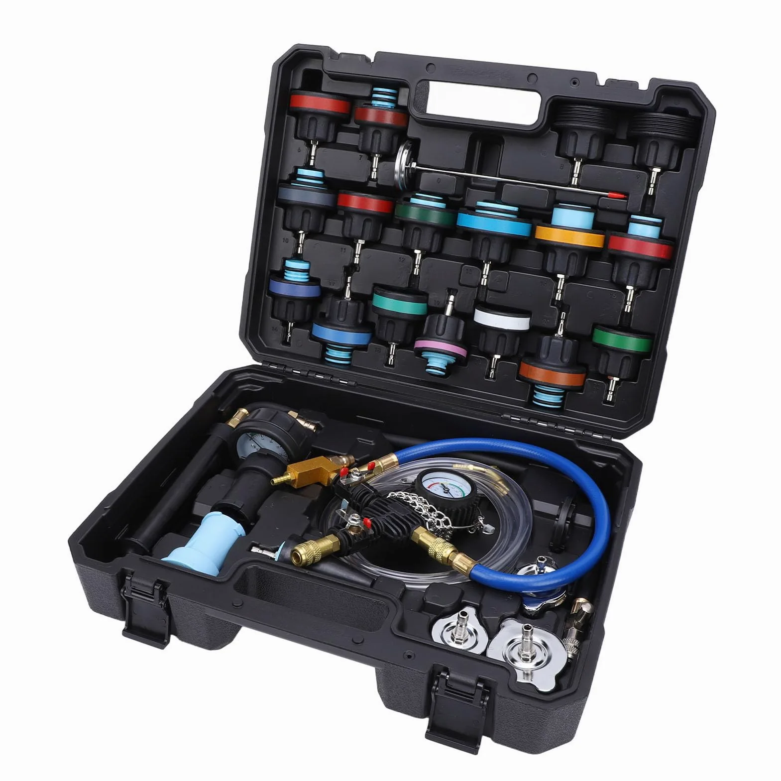 RiToEasysports Kit de Probador de Presión de Radiador, Kit de Probador de Presión de Refrigerante de Metal y ABS, 28 Piezas con Termómetro Indicador y Recambio de Vacío para Comprobación de Fugas