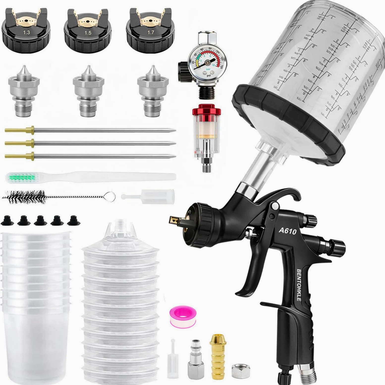 A610 LVLP Pistola de pulverización de aire con 10 vasos de pintura desechables de 650 ml, pistolas de pintura automotriz, pistola de pintura para automóviles, casa, pintura de bricolaje, boquillas de