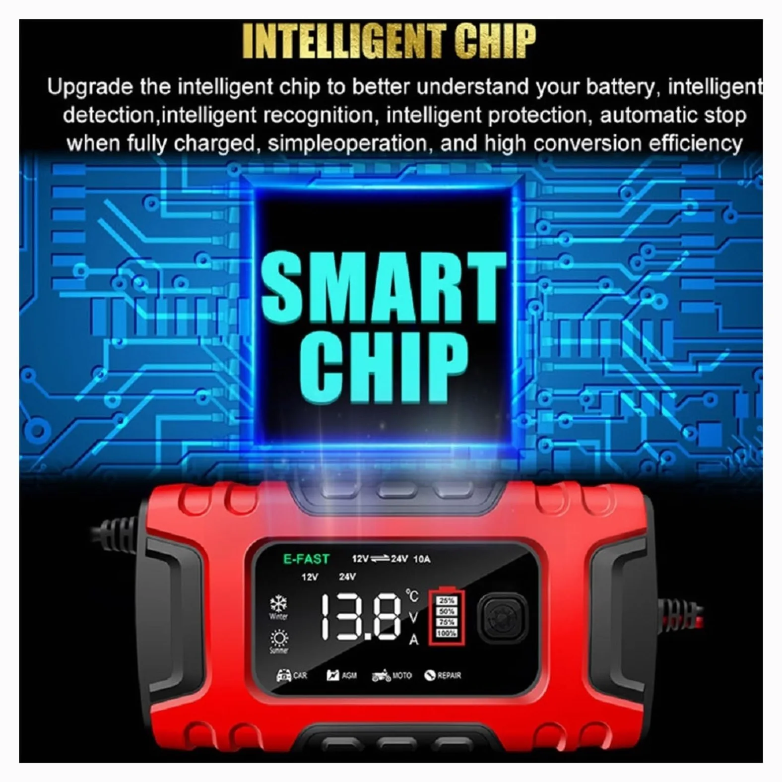 Cargador De Batería Coche Inteligente 7 Etapas 12V-24V, Digital 10A Completamente Automático, Reparación Pulso For Ácido Plomo Carga De PrecisióN(Yellow)