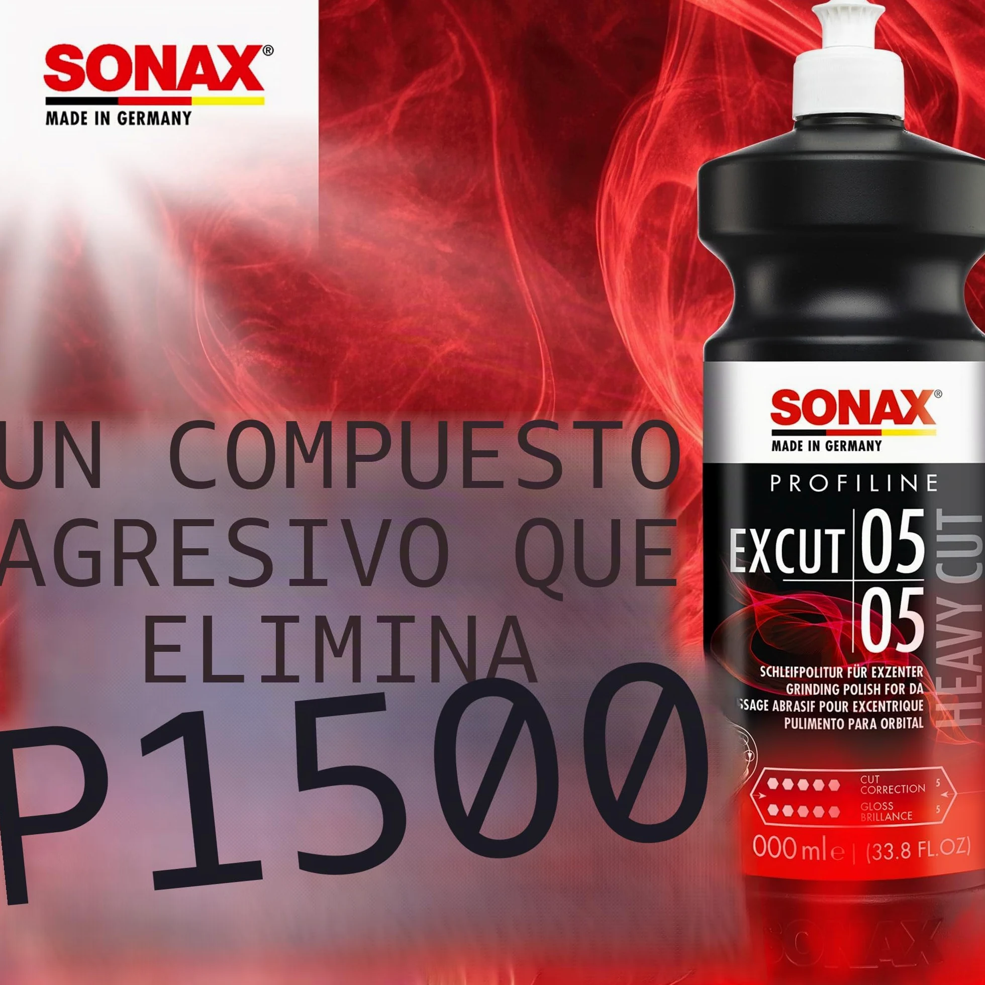 SONAX PROFILINE ExCut 05-05 (1L) pasta de lijado abrasiva | Para pulidoras excéntricas en combinación con la almohadilla de lana híbrida. Elimina las zonas lijadas de hasta P1500.