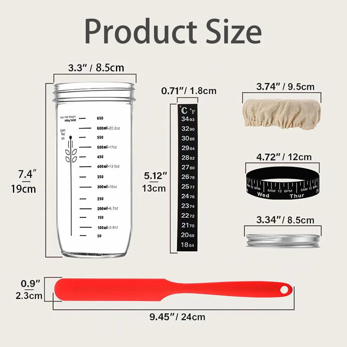 Kit de iniciación de masa madre, tarro de fermentación 730 ml, vidrio, espátula, termómetro, funda de tela, tapa metálica