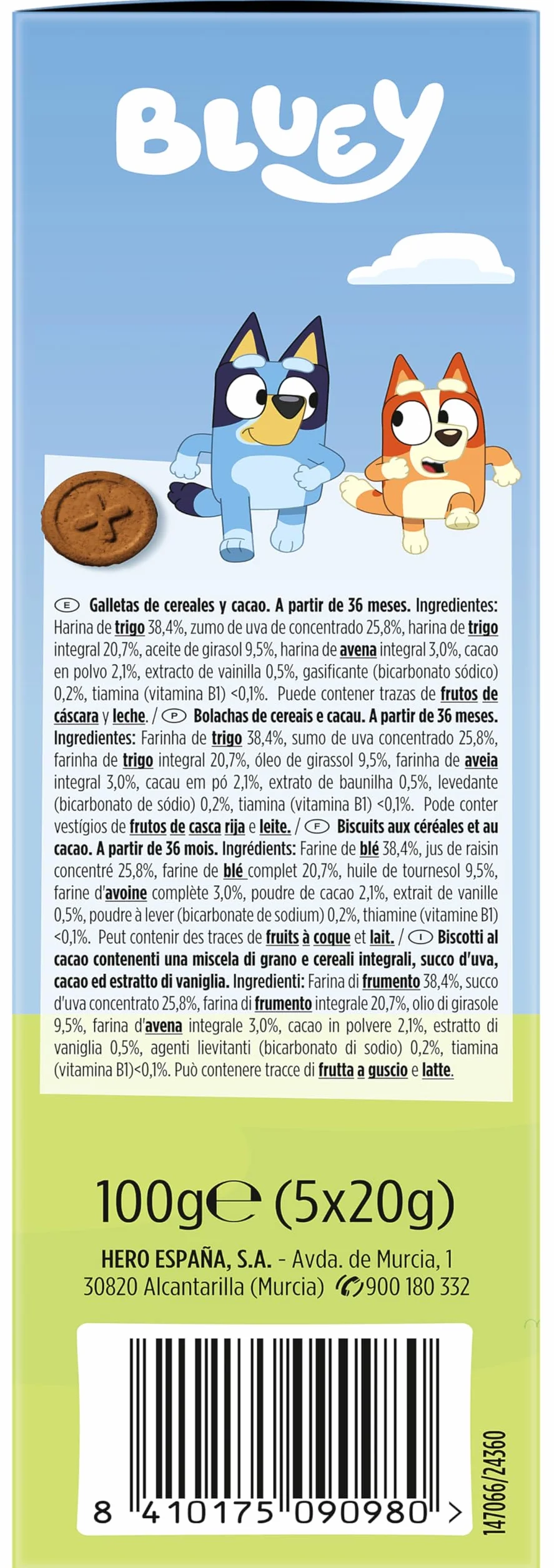 Hero Solo Galletas Infantiles de Cacao Bluey Snack Cereales Integrales Zumo de Uva Fibra 100g x 6uds