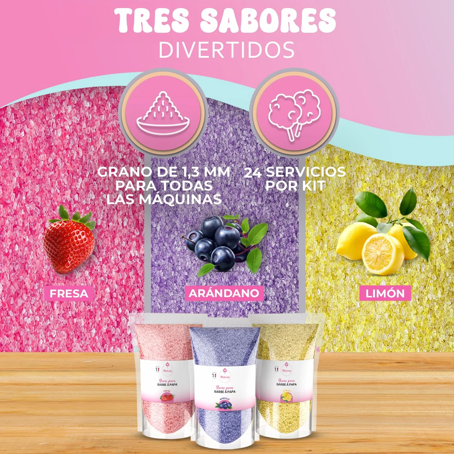 Misskandy Algodón de Azúcar para Máquina Pack 3x160g Sabores Naturales Fresa Arándano Limón