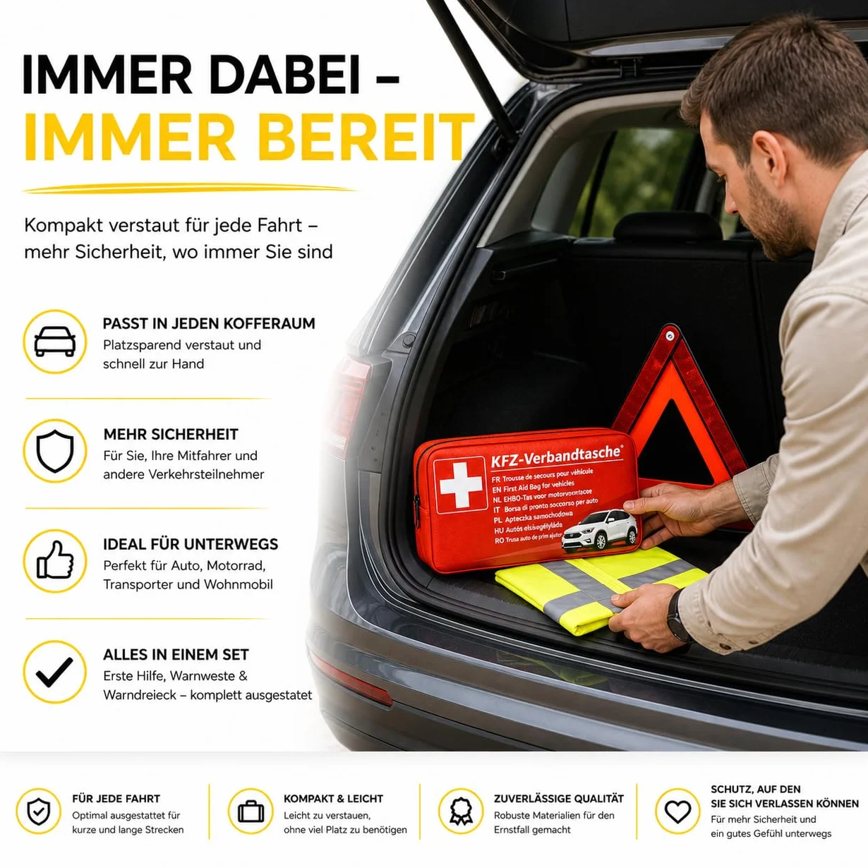 Kit de reparación de averías 3 en 1 para coche con accesorios: botiquín de primeros auxilios, chaleco de seguridad y triángulo de advertencia StVO