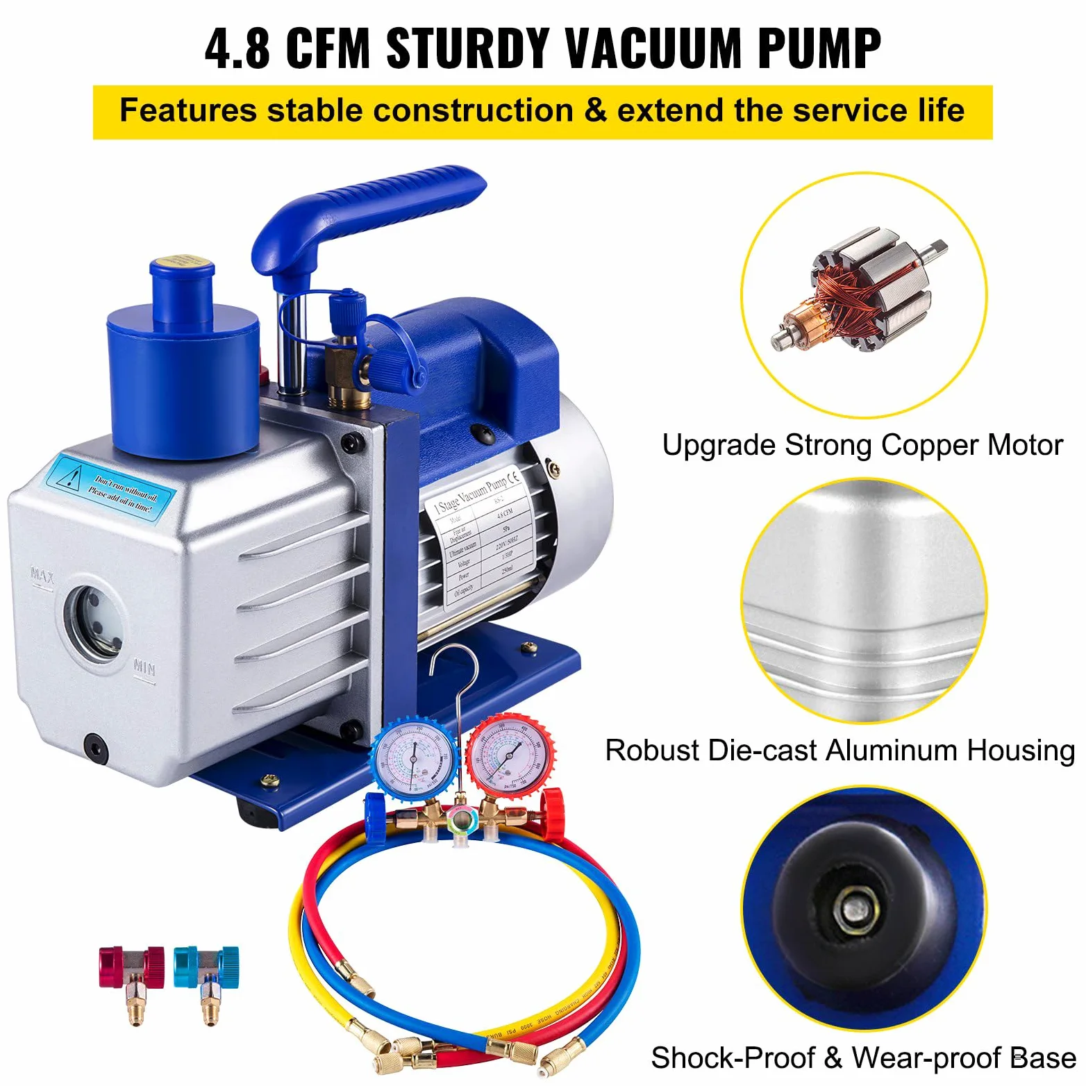 Bomba de Vacío para Climatización, Kit de Bomba de Vacío para R12, R22, R502, R410A, R134A, Bomba de Vacío Ideal para HVAC, Climatización Auto, Desgasificación (4,8 m³/h - 1/3 CV)