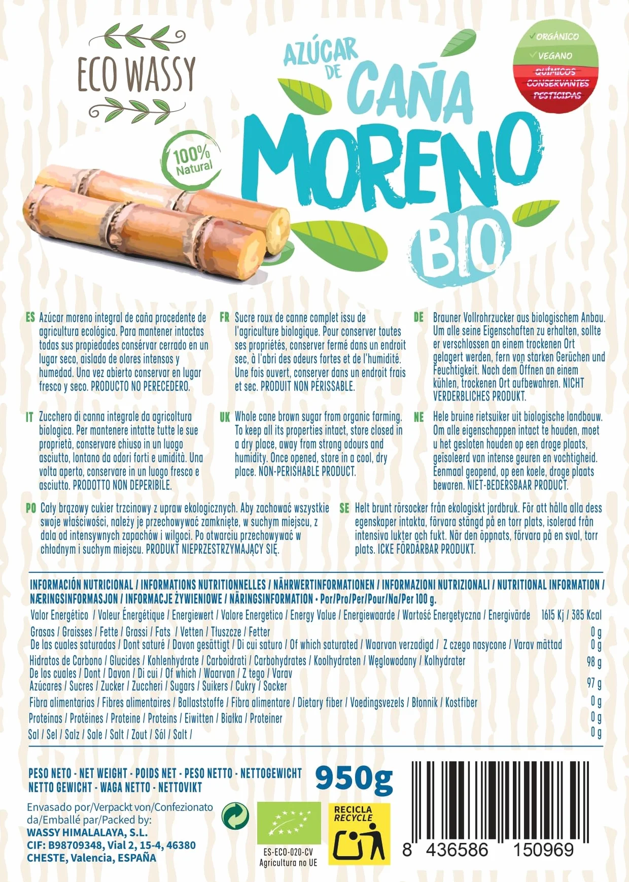 Azúcar Moreno de Caña BIO Endulzante Natural No Refinado Rico en Nutrientes (950Gr)