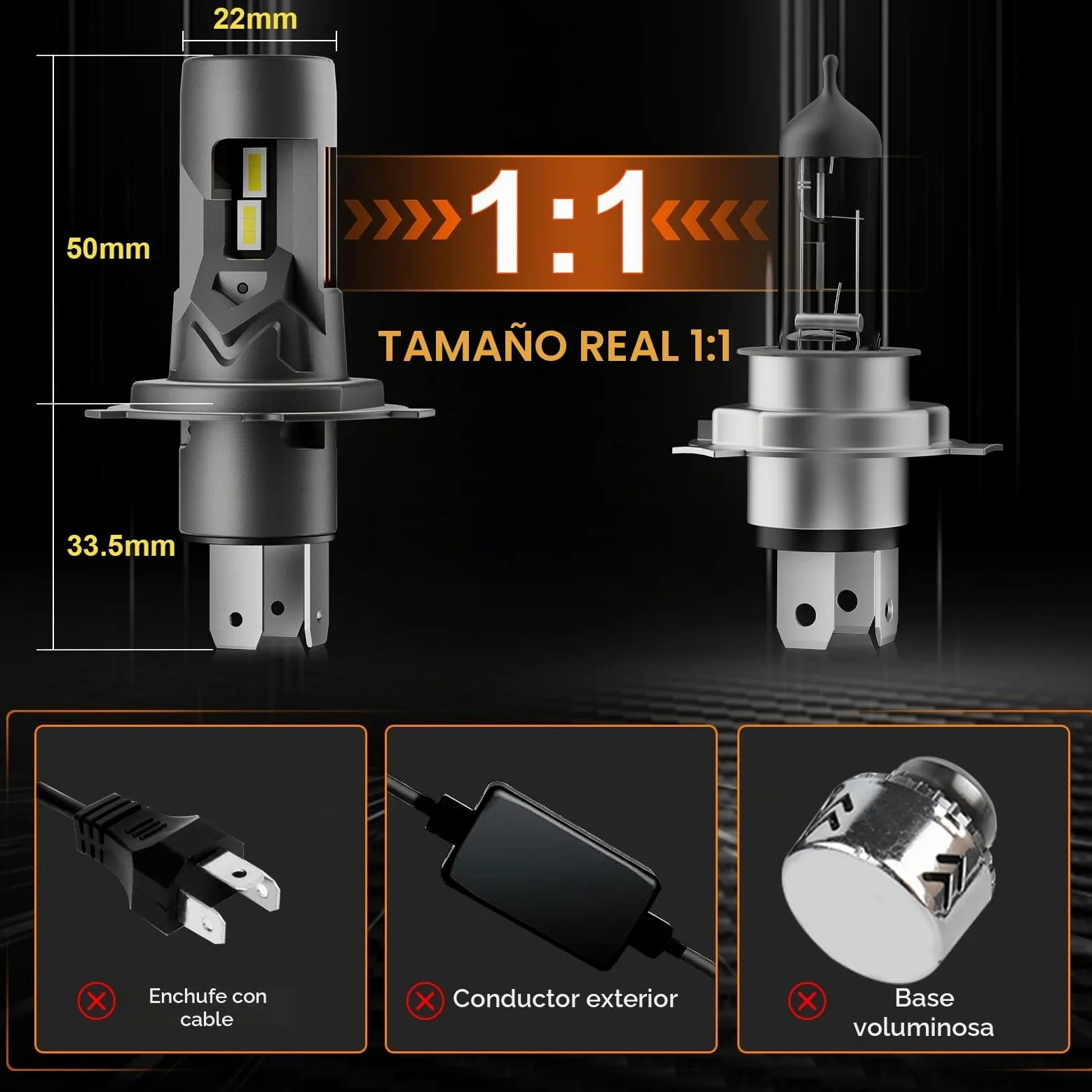 KOYOSO Bombilla H4 LED 100W 26000LM Faros Coche Luces Cortas/Largas | 1:1 Size Design, CANBUS Ready,Fit for Auto/Moto,IP68,No Adapter Required,15000RPM Ventilador Integrado,50000+HRS Lifespan