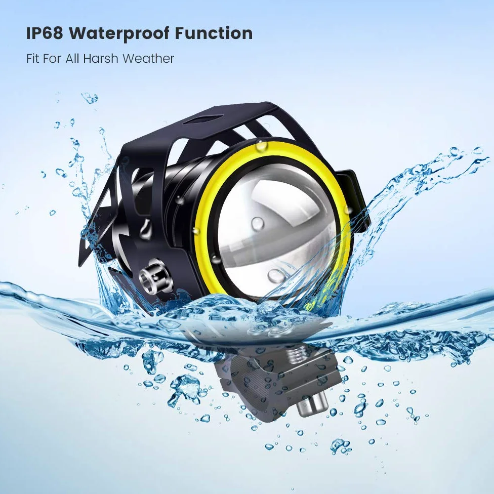 2 piezas U7 luz antiniebla de conducción de motocicleta con halo ámbar, impermeable para motocicleta auxiliar DRL faros delanteros LED con interruptor de 3 cables 12V 24V para moto quad scooter