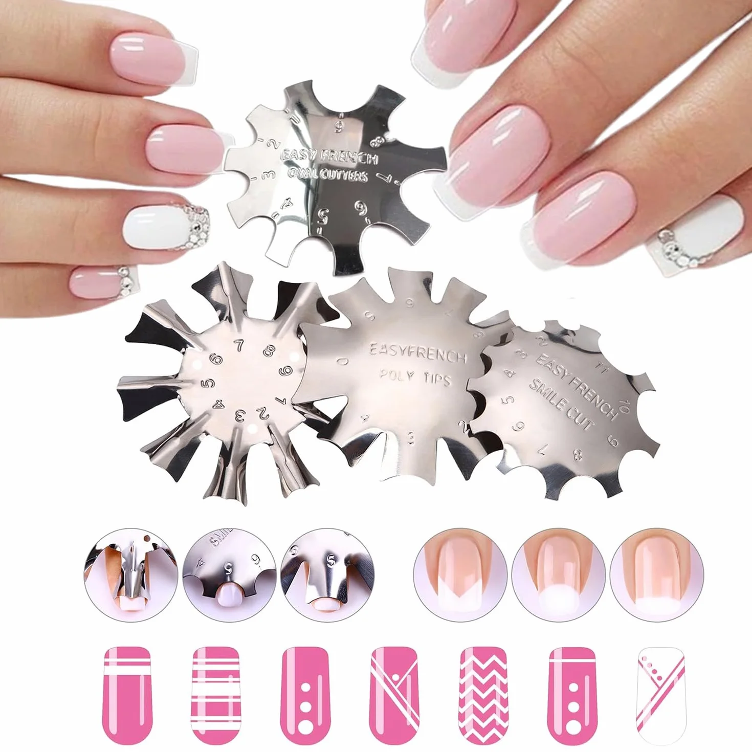 French Smile Line Edge Trimmer Cutter 4 Piezas, Nail Art Metal Plantilla Cutter Acrílico UV Gel, 4 Formas Plata