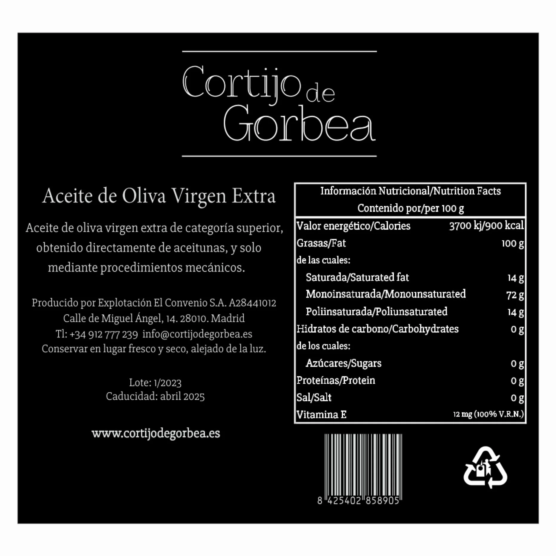 Aceite de Oliva Virgen Extra Picual Cortijo de Gorbea Pack 3 Botellas
