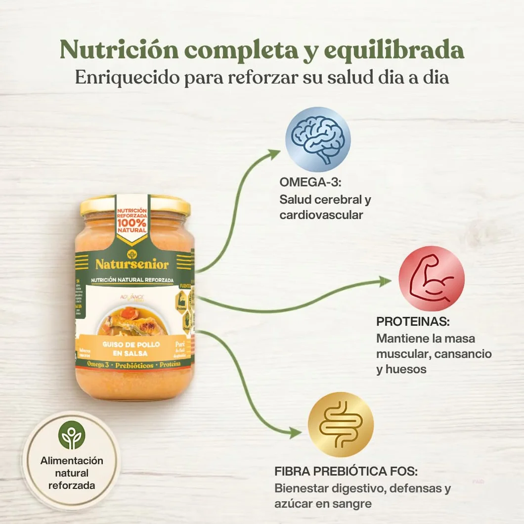 Natursenior Comida Triturada para Personas Mayores Pack Puré Guiso de Pollo en Salsa 100% Natural Omega 3 Fibra Proteína 6x340g