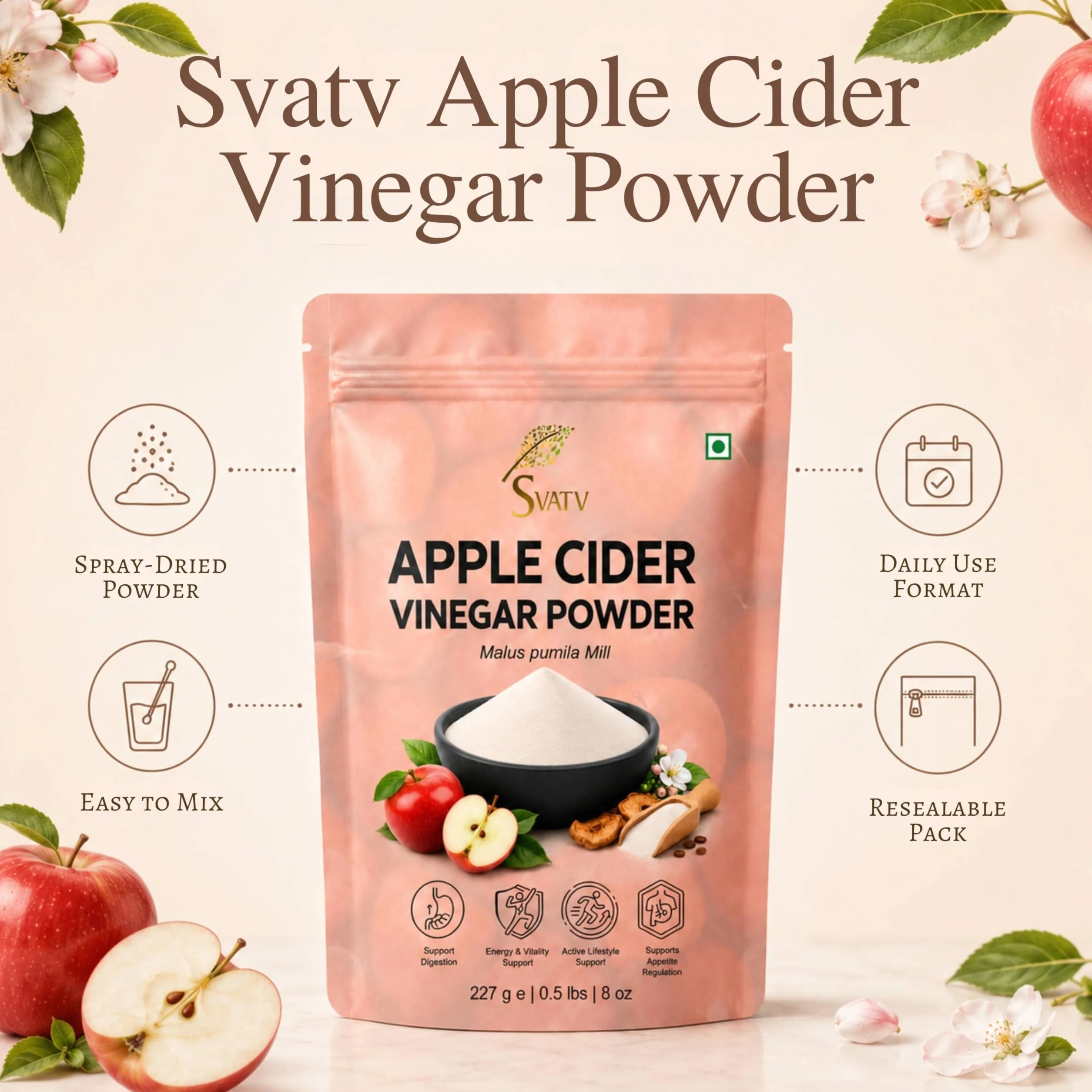 SVATV Vinagre de sidra de manzana natural en polvo 227g Sin gluten 75 porciones