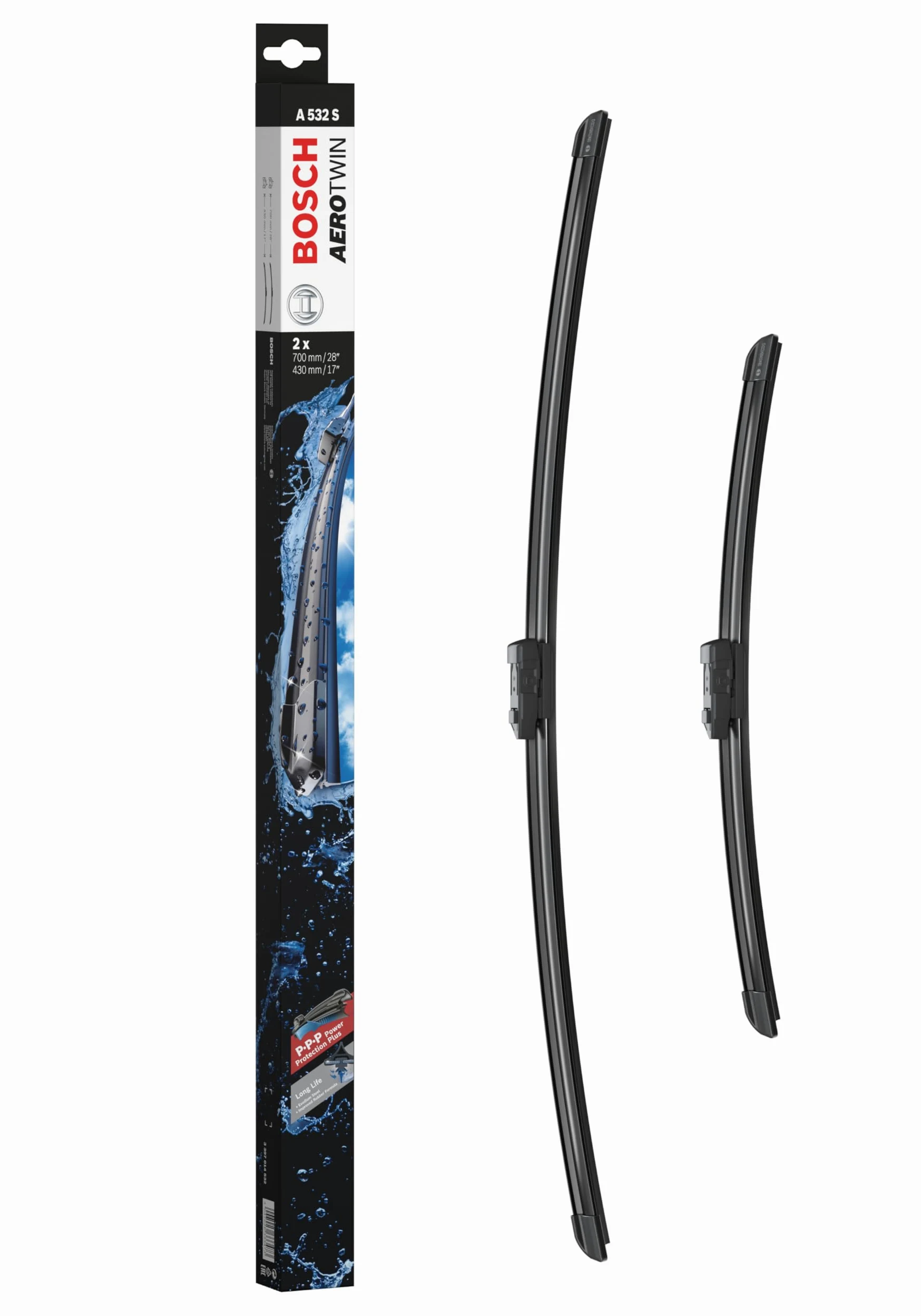 Escobilla limpiaparabrisas Bosch Aerotwin A532S, Longitud: 700mm/430mm − 1 juego para el parabrisas (frontal) - Válidas únicamente para vehículos con volante a la derecha (UK)