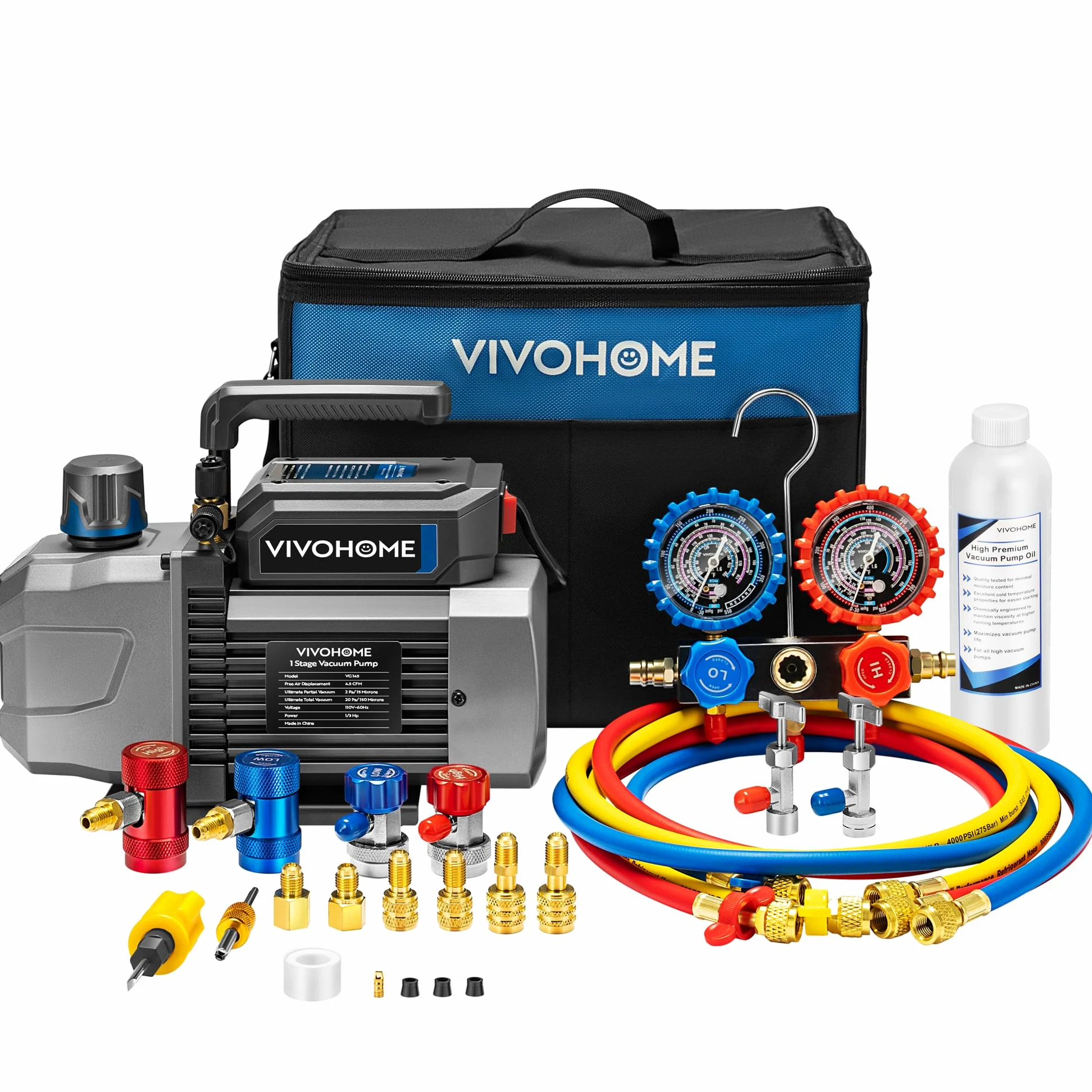 VIVOHOME 1/3 HP 4,5 CFM - Bomba de vacío y juego de manómetros AC