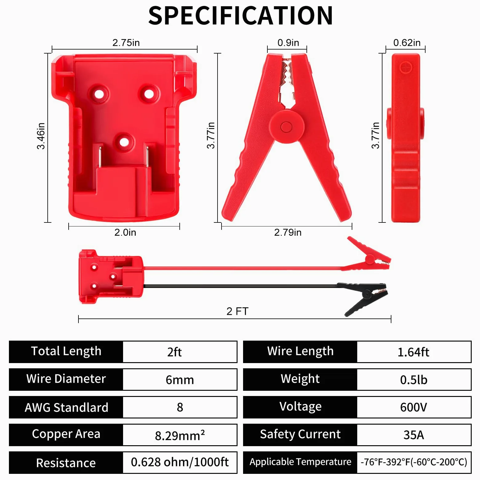 Cables de arranque para batería Milwaukee M18 de 18 V, cable de refuerzo de silicona 8AWG de 2 pies con clips de cocodrilo, arranque de salto para coche, camión, RV y herramientas de carga, resistente