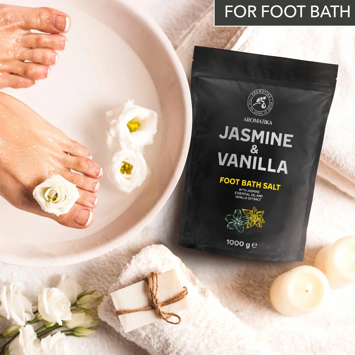 Sal de Baño para Pies Jazmín Vainilla 1000g Sal Marina Natural con Aceite Esencial de Jazmín y Extracto de Vainilla Cuidado de Pies