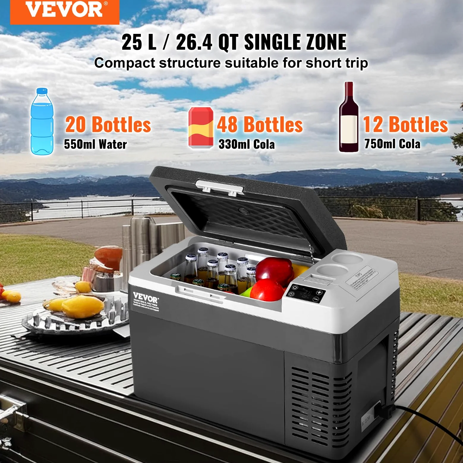 VEVOR Nevera de Compresión Portátil 25 L Mini Nevera para Coche 12/24V CC y 100-240V CA Mini Nevera de Zona Única Temperatura Ajustable de -20°C a 20°C para Coche, Camión, Barco, Casa, Camping