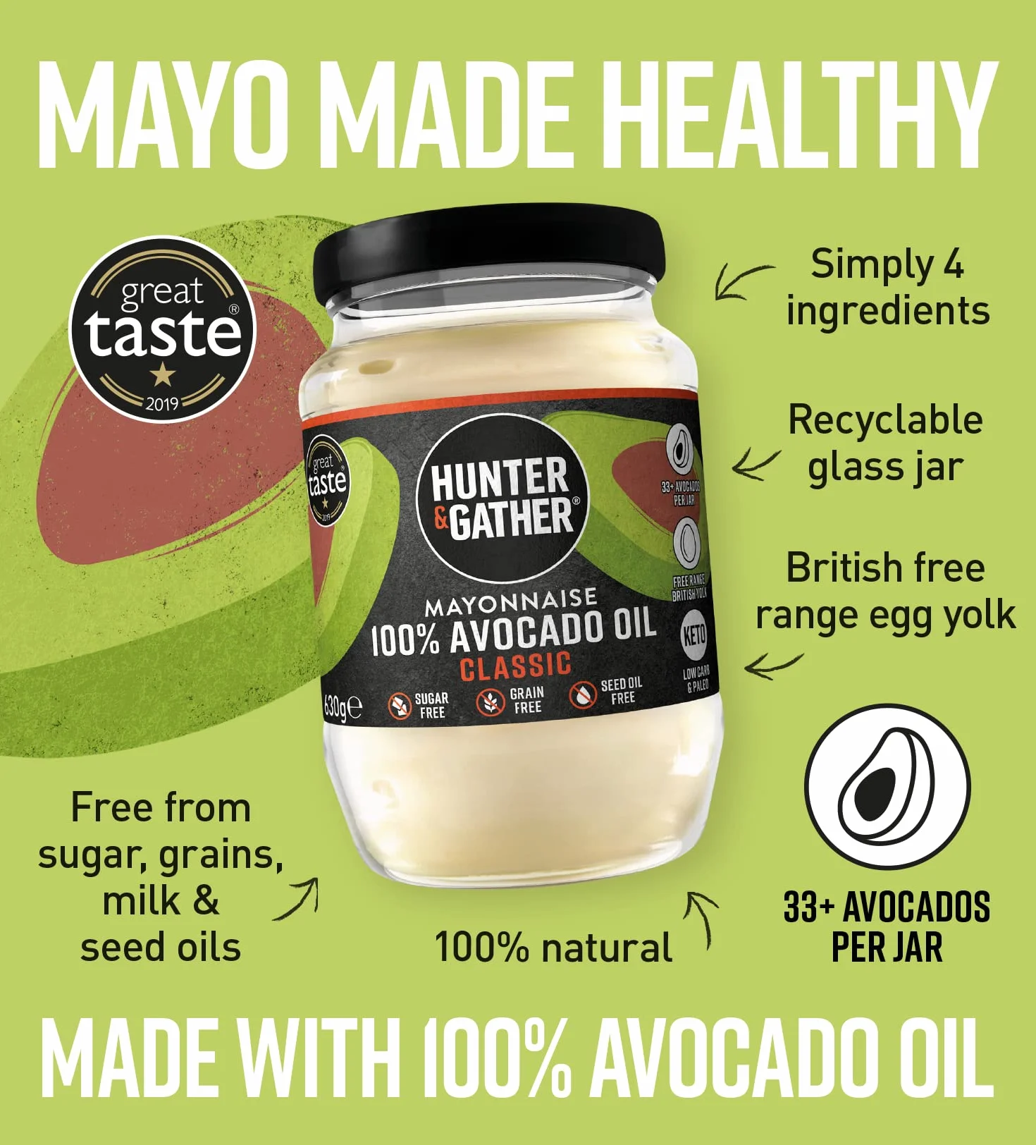 Hunter & Gather Mayonesa de Aceite de Aguacate Clásico 630g Paleo Keto Sin Azúcar Sin Gluten