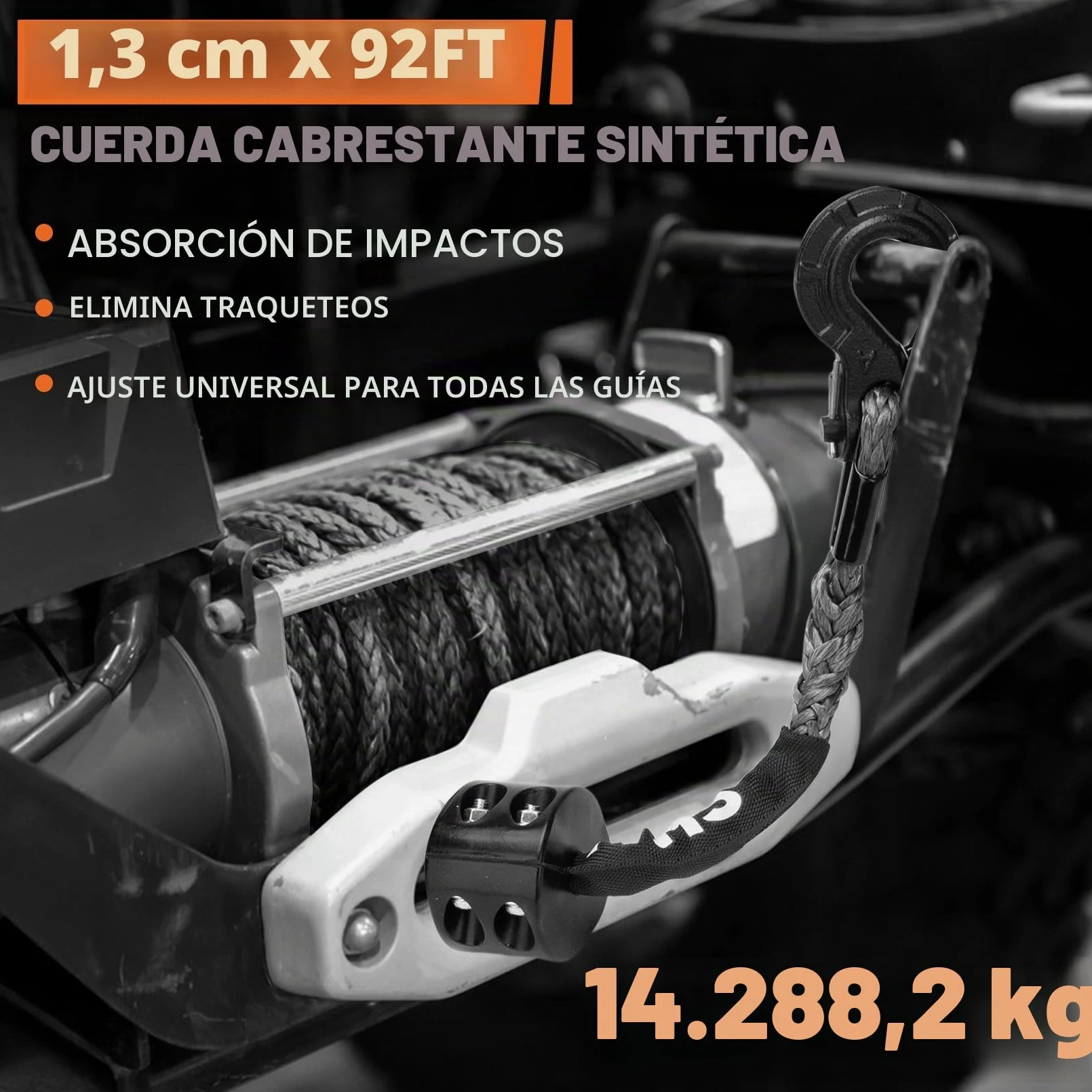 SHALL Correas y Cuerdas de Remolque, Cuerda sintética para cabrestante de 12 mm x 28 m de Largo, 16 toneladas (35500 LB), Funda Protectora, Gancho Forjado para cabrestante y Correa de Seguridad