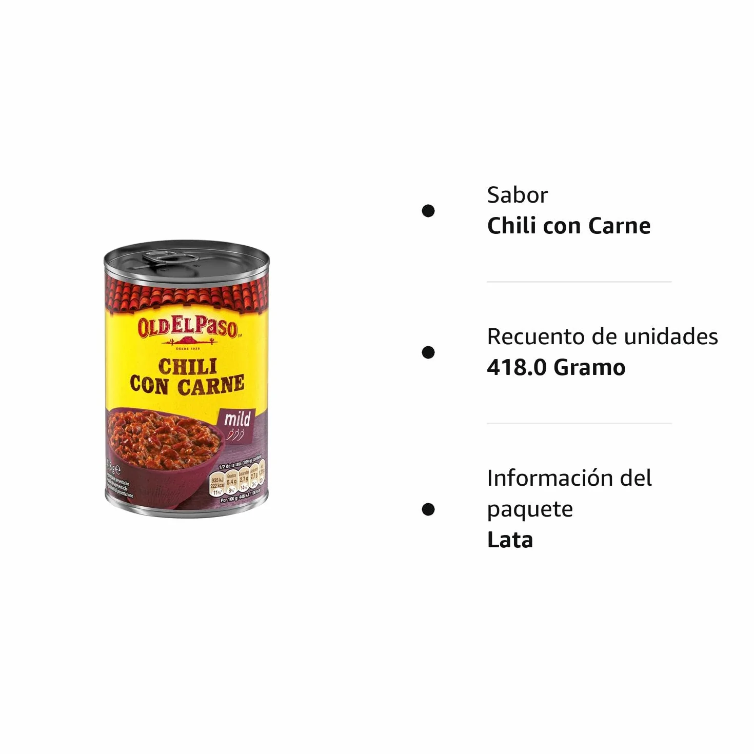 Old El Paso Chili Con Carne con Alubias Pintas y Ternera Picante Suave, 418g