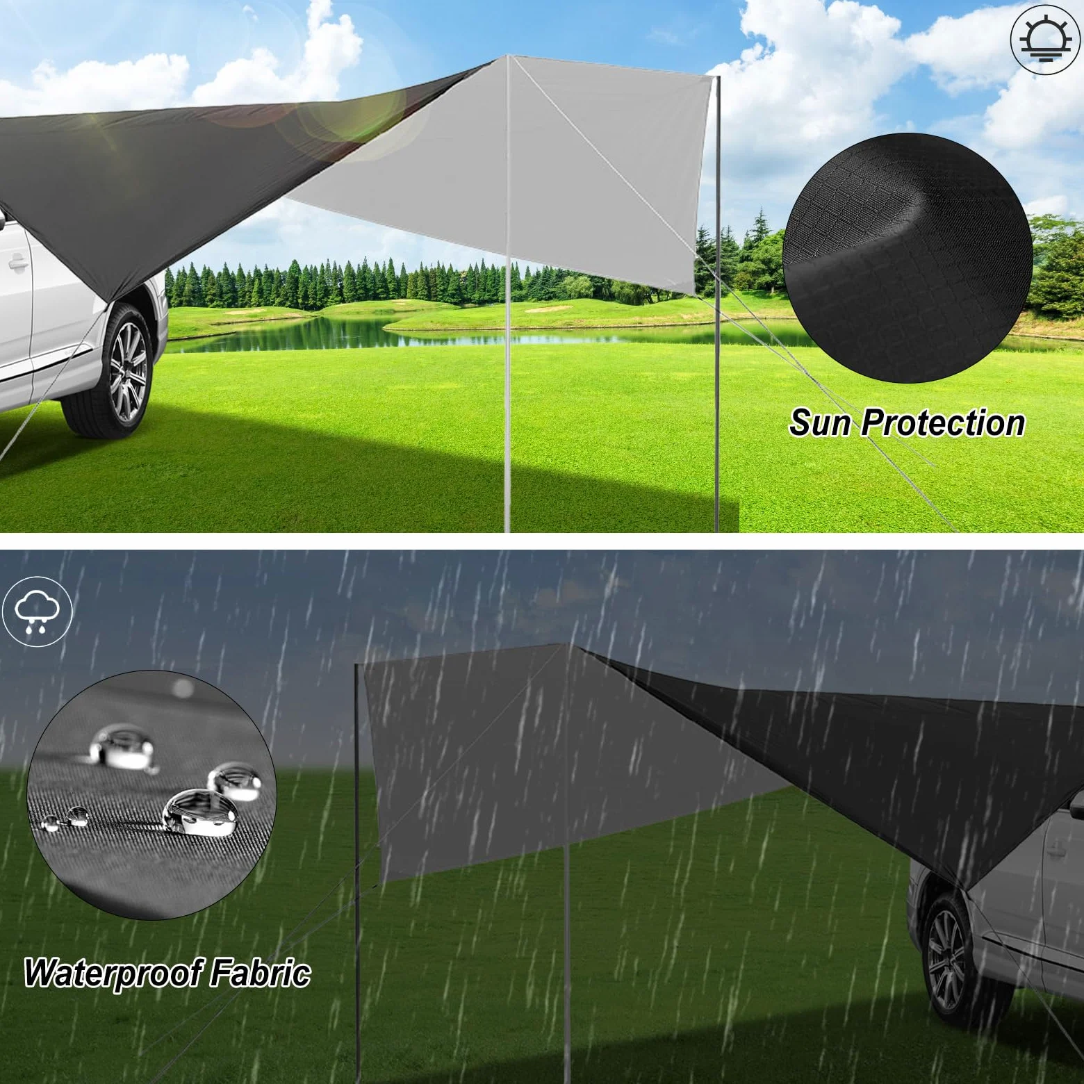 Toldo Coche, 280 x 380 cm Toldo para Portón Trasero y Lateral Impermeable, para Furgonetas y Autocaravanas (Negro)