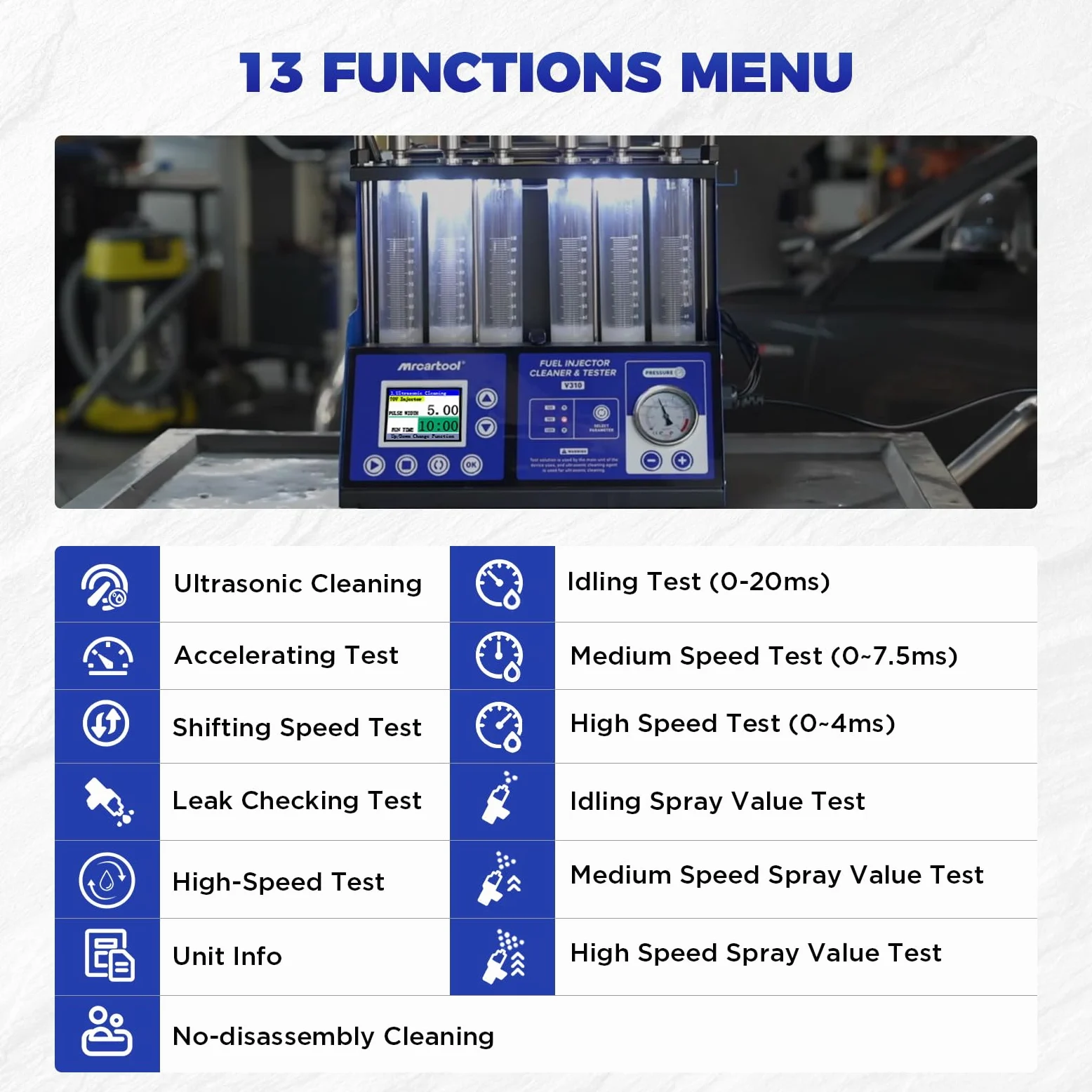 MR CARTOOL V310 Equipo Limpiador y Probador de Inyectores de Combustible, Kit de Limpieza Ultrasónica 110V/220V con 6 Cilindros para Inyectores Estándar GDI/EFI/FSI de Diésel y Gasolina