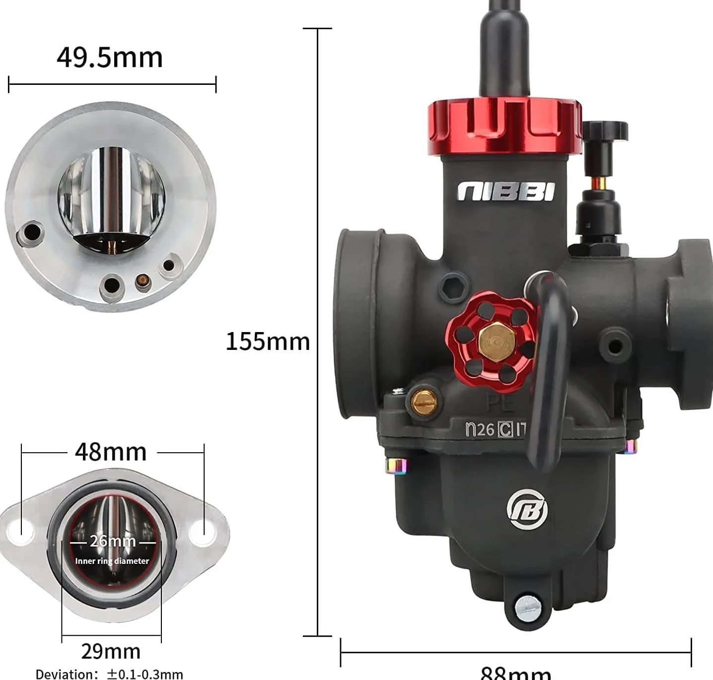 NIBBI PE 26mm Carburador Alto Rendimiento para Motos 150cc-200cc con 3 Boquillas un Inyección Piloto y Revestimiento Protector Apto para Cross, Dirt Bike, ATV, Motocross, Pit Bike, Mini GP