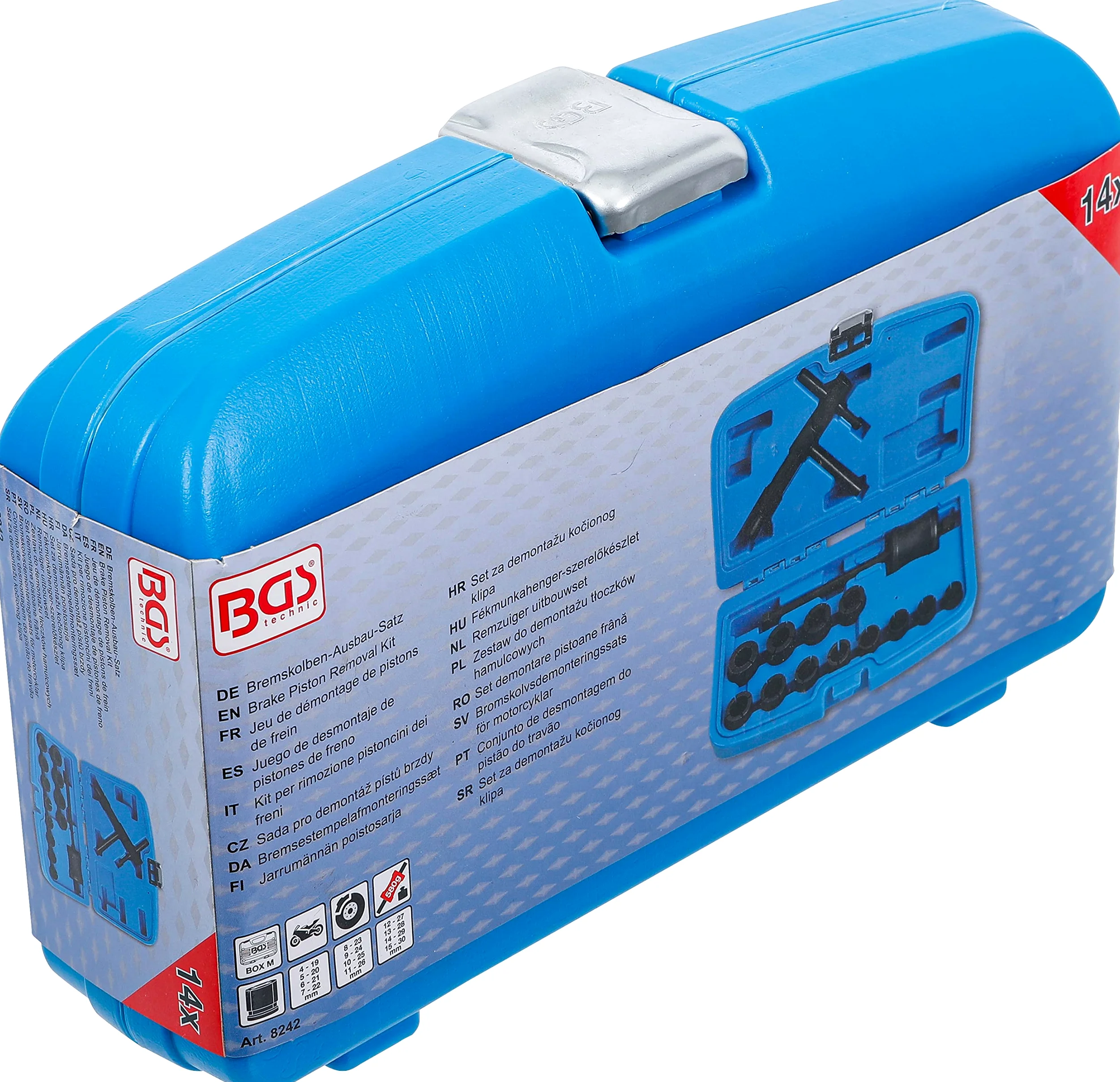 BGS 8242 | Juego de desmontaje de pistones de freno | para motos | 14 piezas | Diámetro interior del pistón 19 - 30 mm | apto para tipos comunes de todos los fabricantes | para pistones de freno fijos