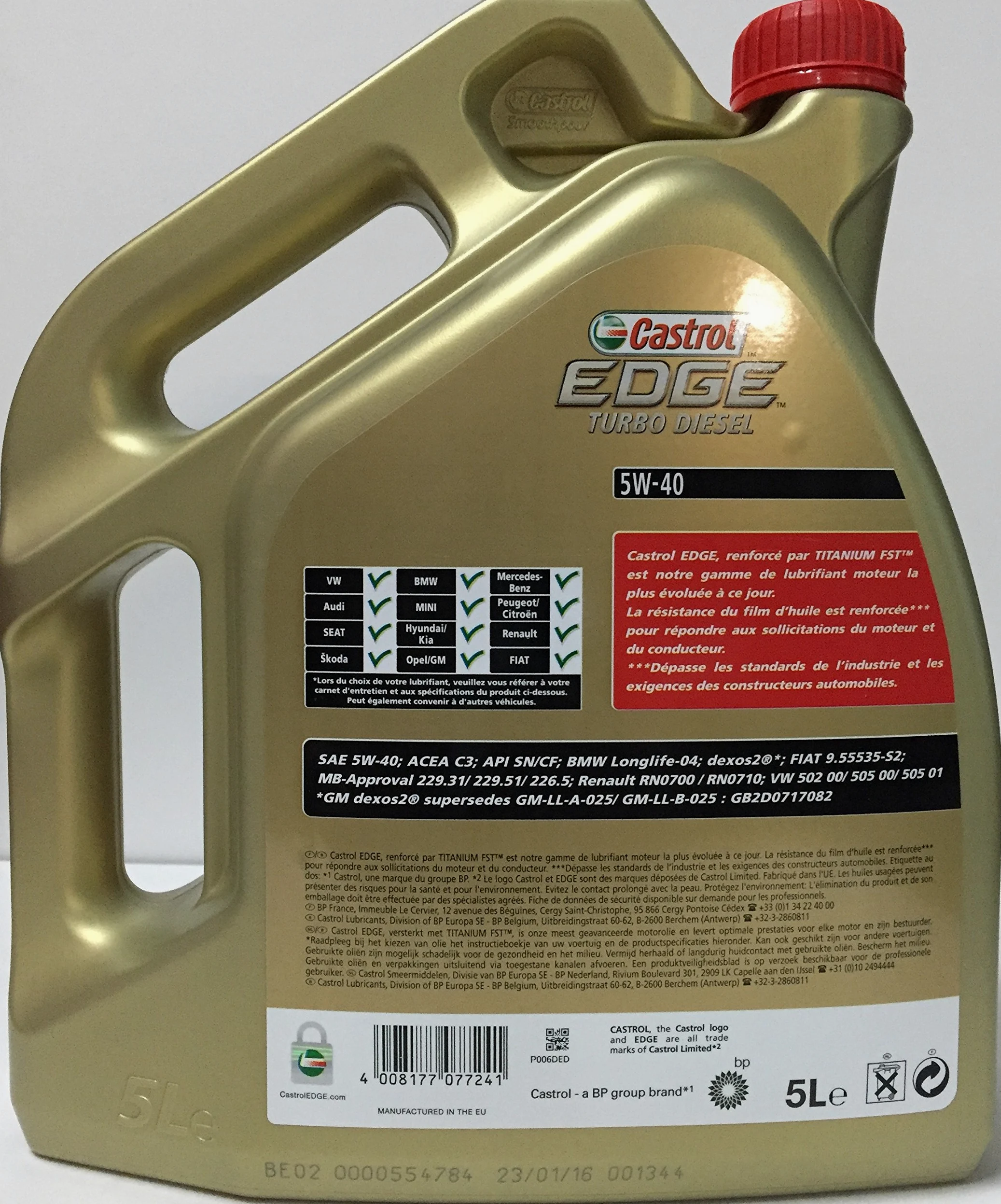 Castrol EDGE Turbo Diesel Aceite de Motores 5W-40 5L (Sello holandés y francés)
