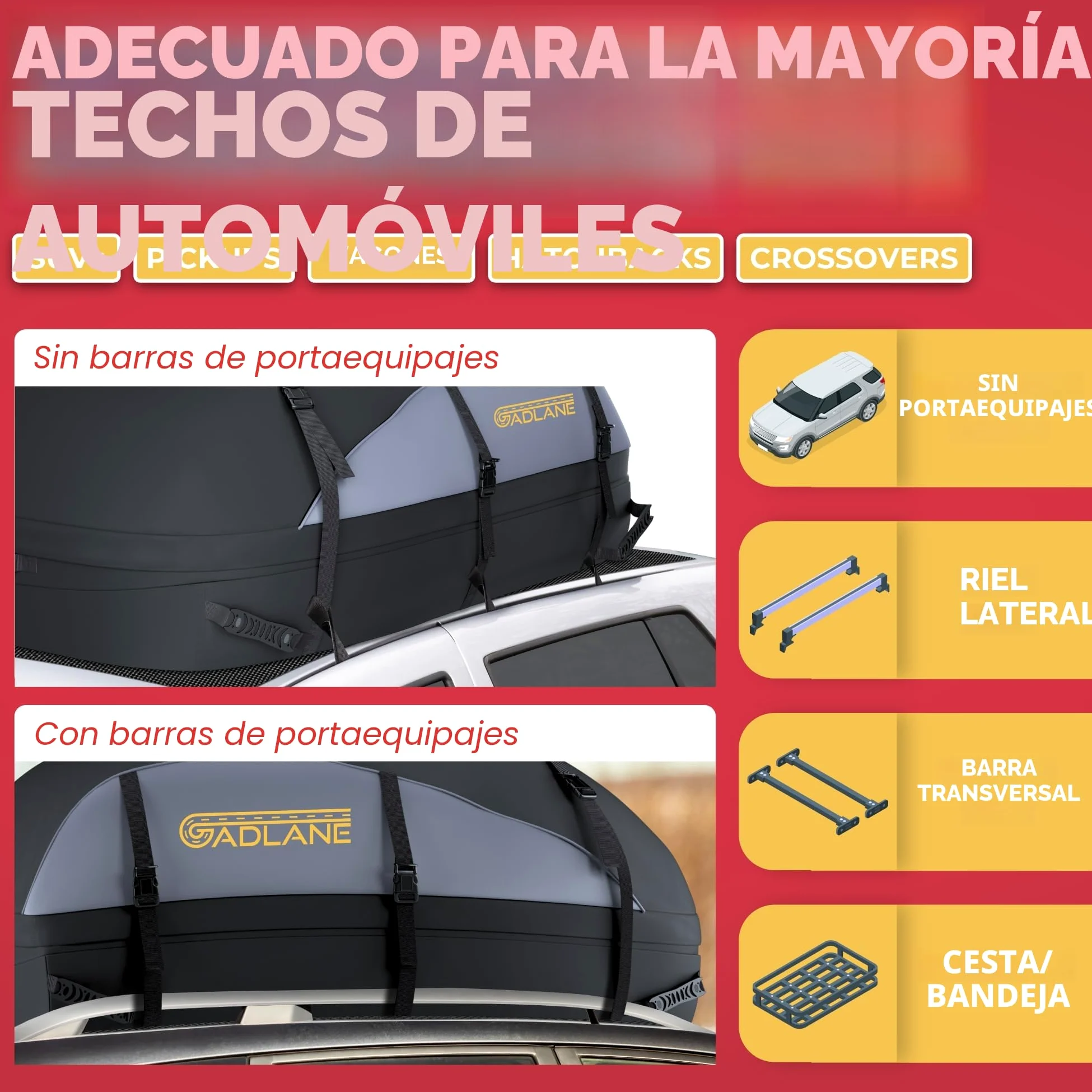 GADLANE Bolsa de Techo para Coche 550L, Impermeable, para automóviles con/sin portaequipajes con 6 Correas Resistentes, Alfombrilla Antideslizante y Bolsa de transporta para automóviles (Gris/Negro)