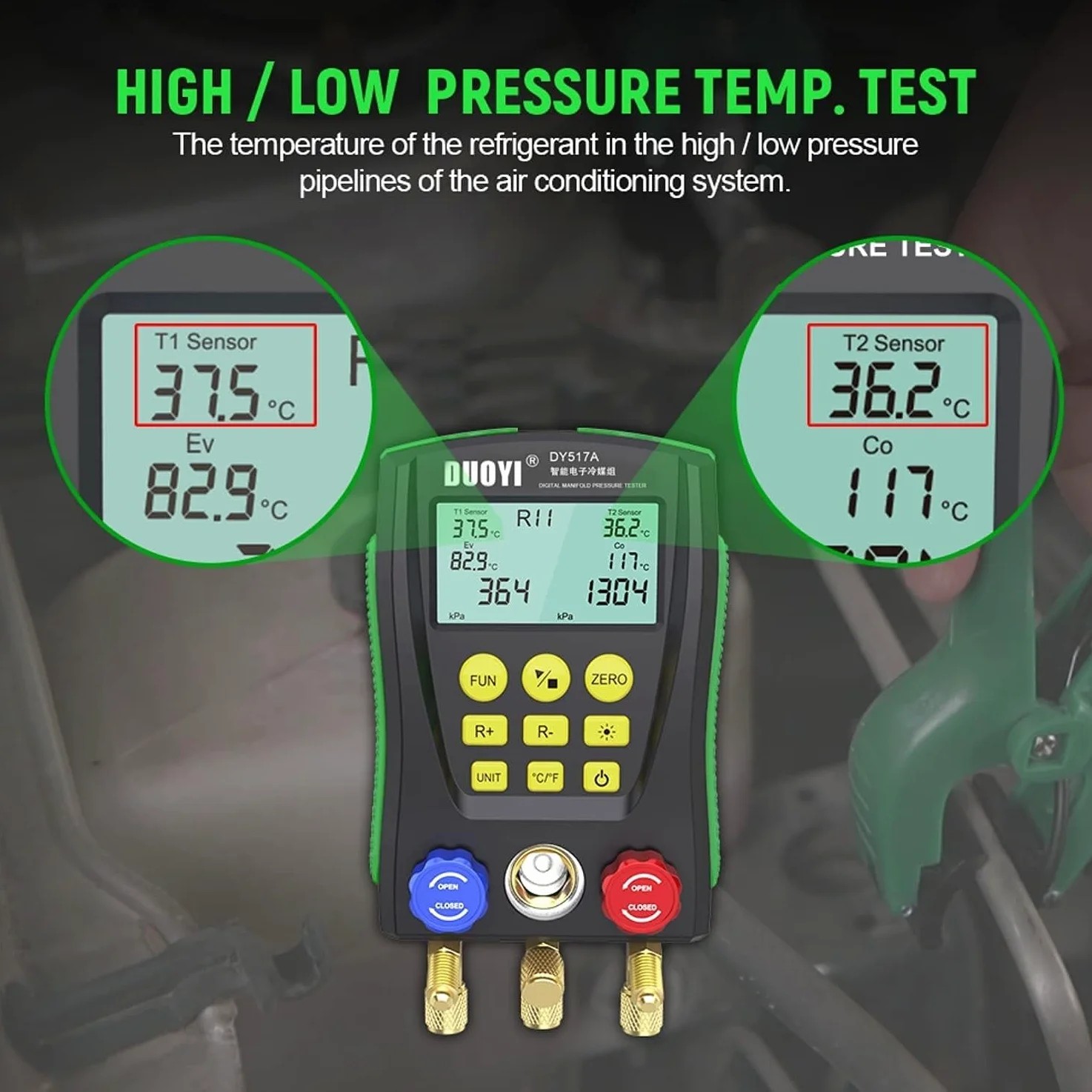 Manómetro digital HVAC con sondas de temperatura dobles para pruebas compatibles con R134a, R22, R12, R502, R407C, R410A, R404A, R32 (A)