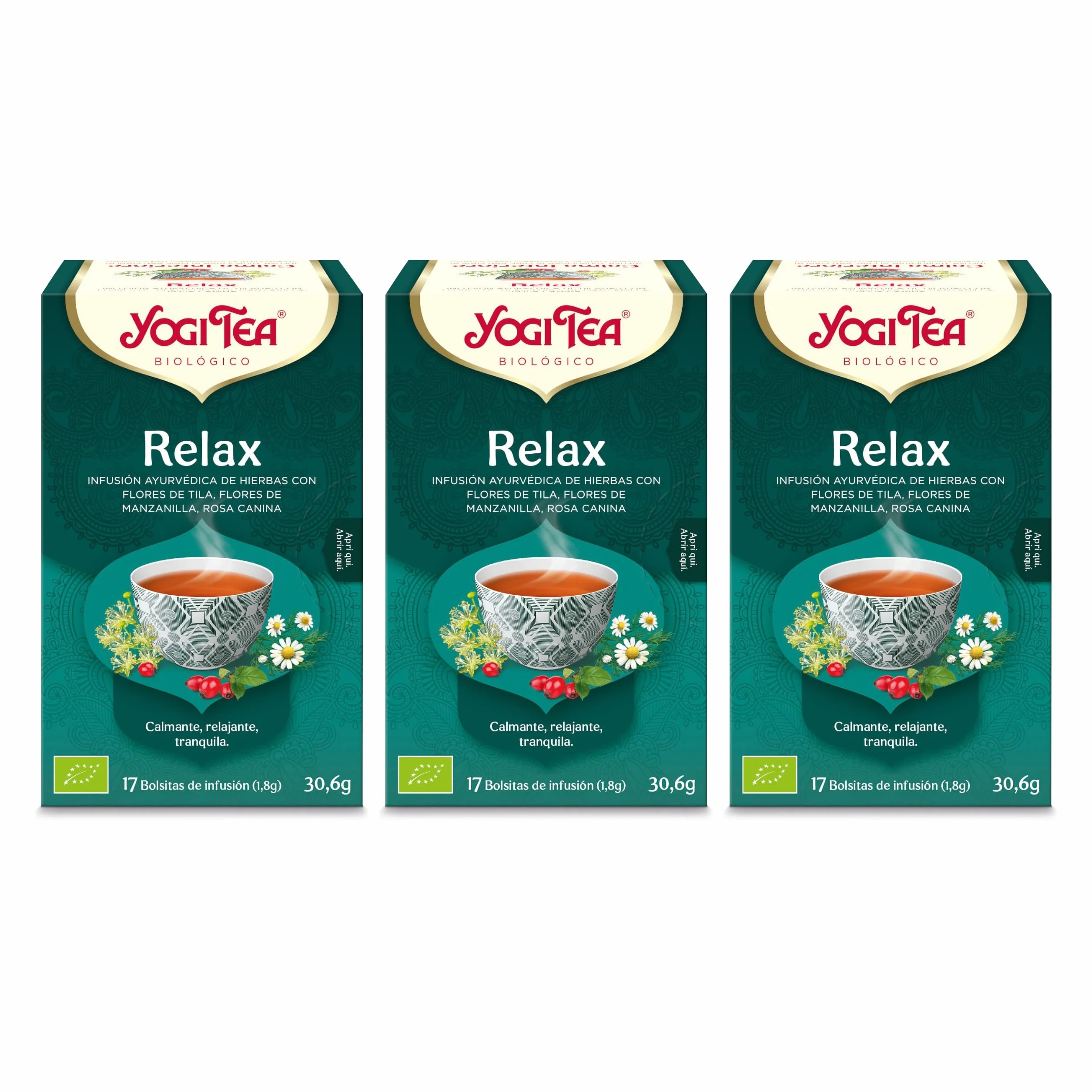 Yogi Tea Relax Infusión Ayurvédica Tila Manzanilla Rosa Canina Sin Cafeína Pack 3x17 bolsitas