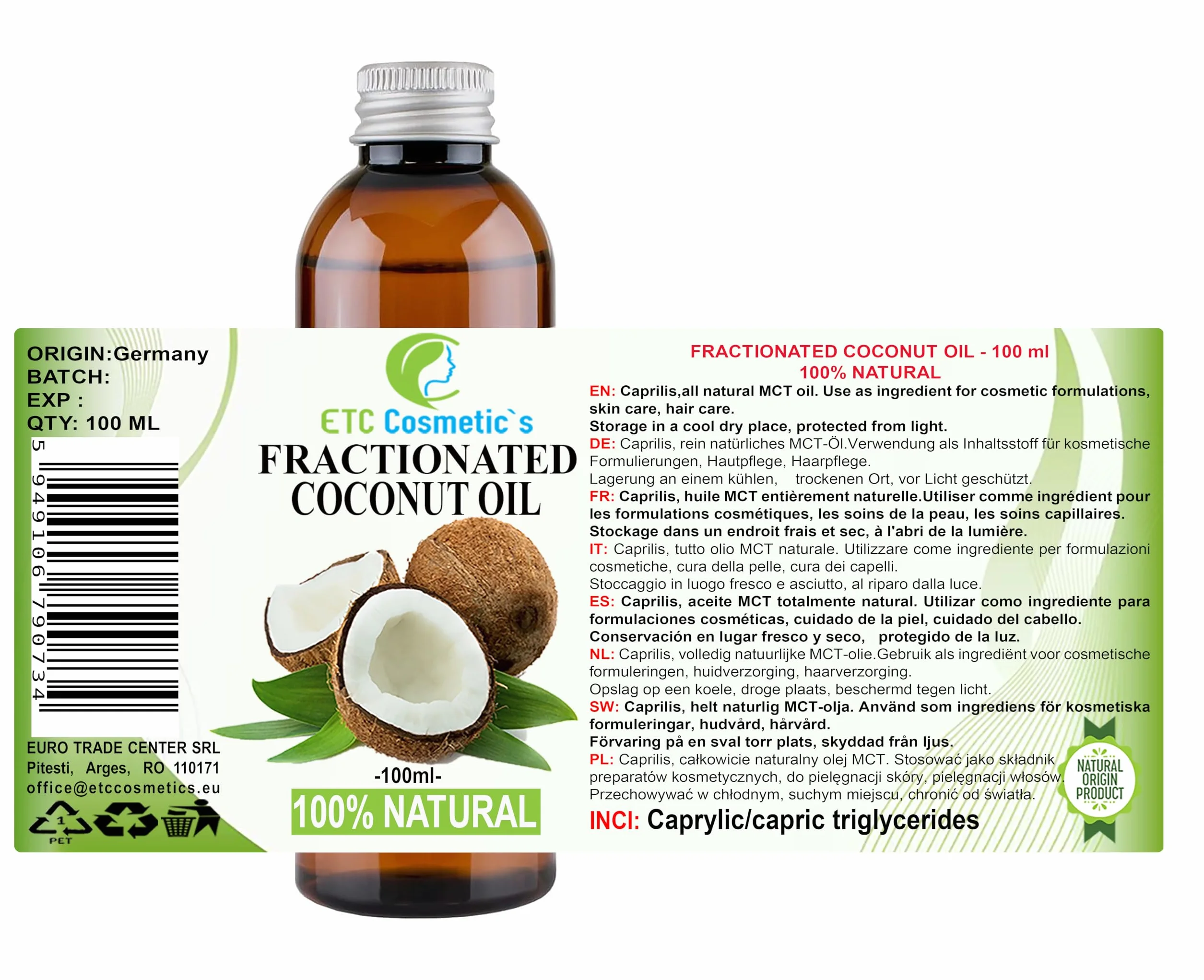 Natural Fractionated Coconut Oil 100ml Puro 100% Natural