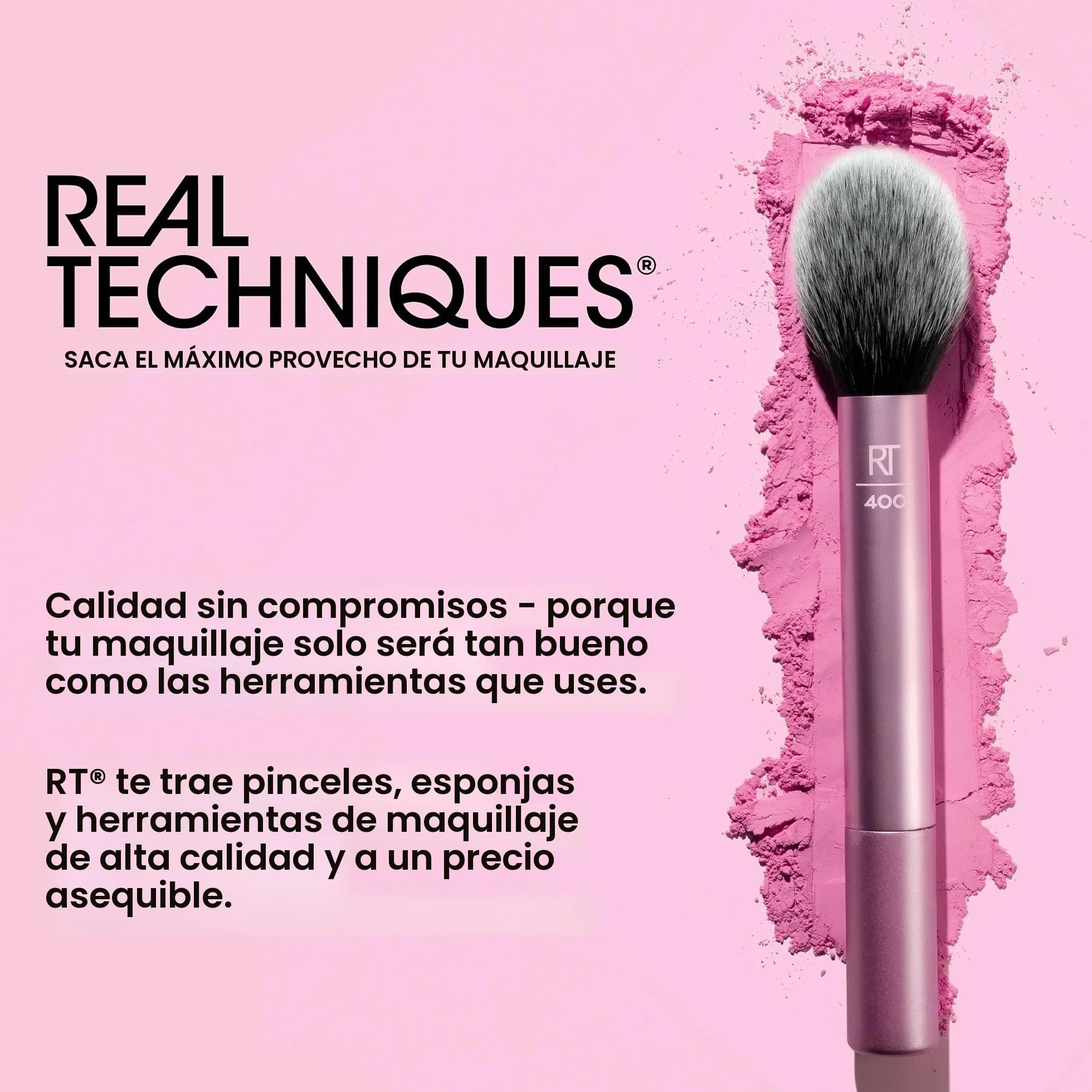REAL TECHNIQUES Tapered Cheek Makeup Brush, Blush, Highlighter, Loose Powder, Soft Bristles, Pink