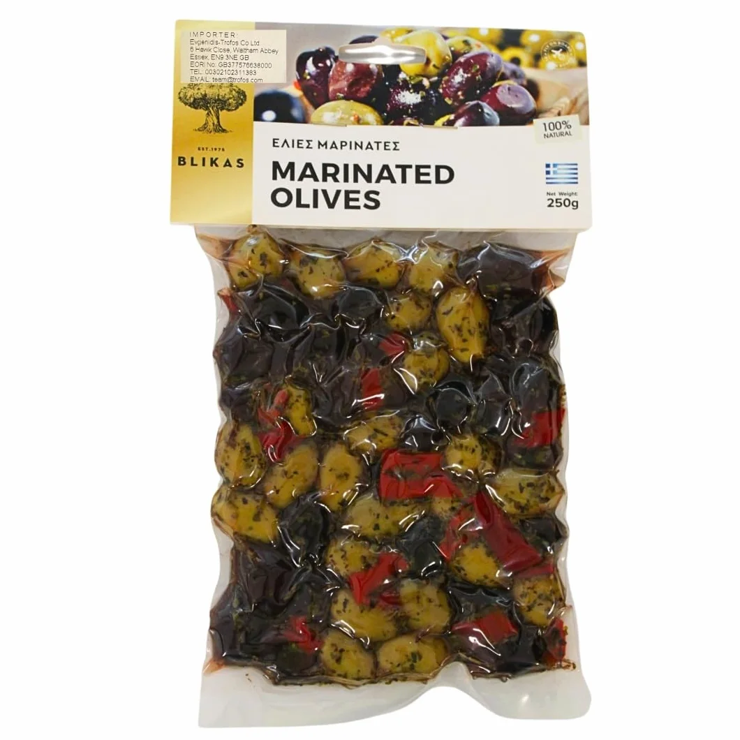 Aceitunas Griegas Marinadas Kalamata Verdes y Negras (2 x 250 g) con Orégano y Pimiento Rojo