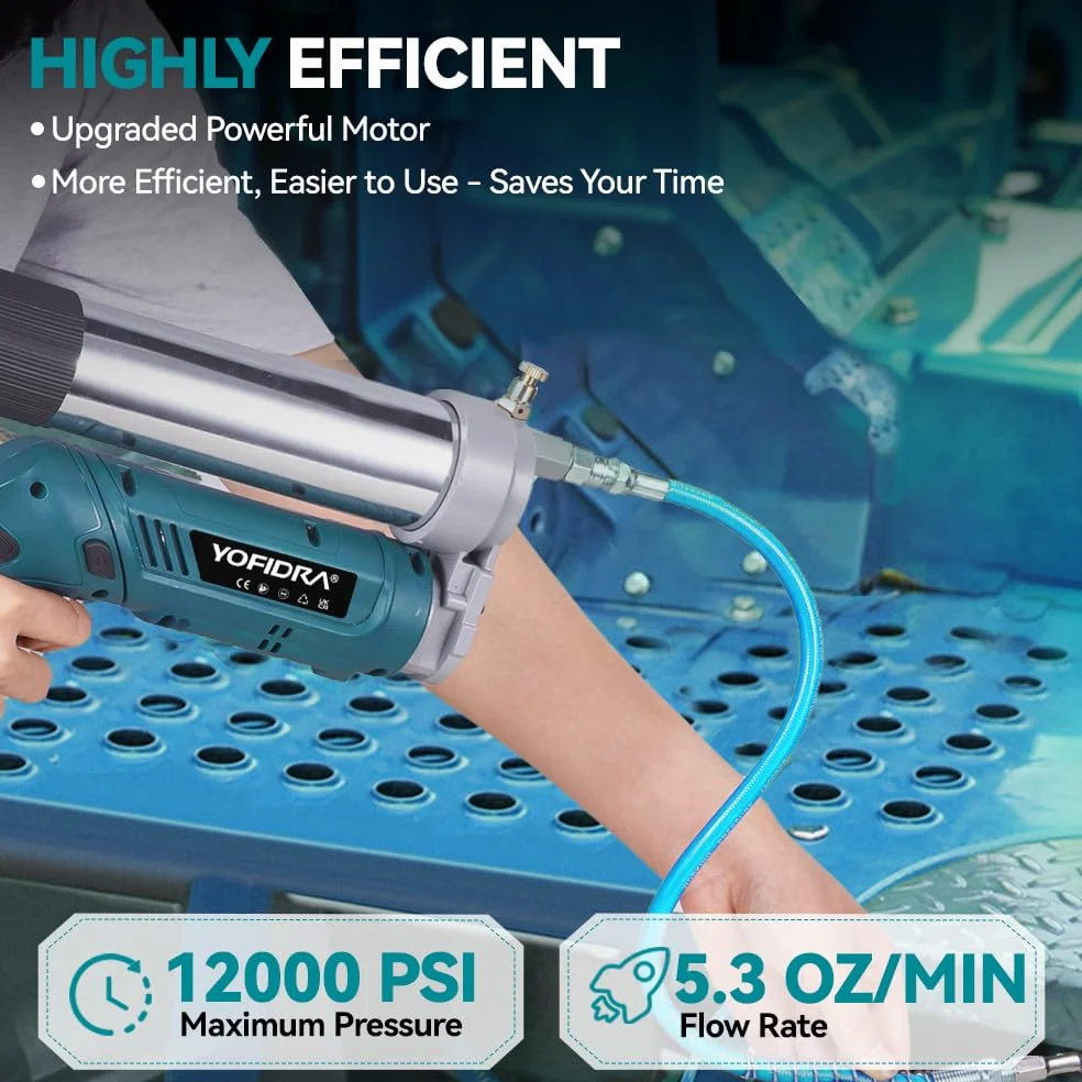 Yofidra 2 en 1 Pistola de engrase inalámbrica - Kit de Pistola de engrase de 150 g/min y 12 000 PSI con 2 baterías de 3,0 Ah, fácil de Usar para Agricultores, operadores de maquinaria y propietarios.