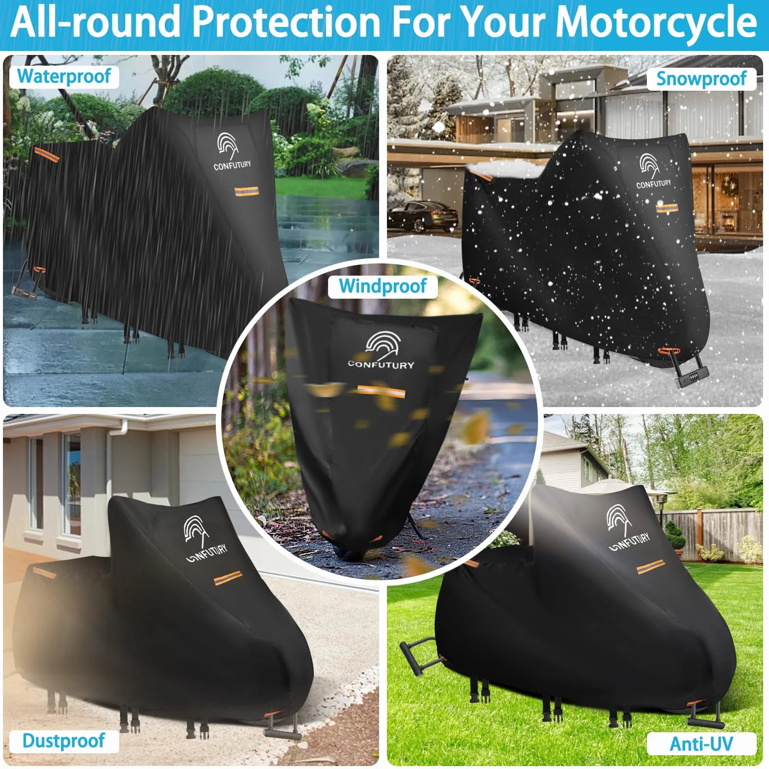 Funda Moto Impermeable Utiliza Nano Tela 600D, Funda para Moto con Ventana de MatríCula,4 Tiras Reflectantes, 3 Hebillas A Prueba de Viento,Resistente al Sol y al Polvo (M 185x85x100CM)