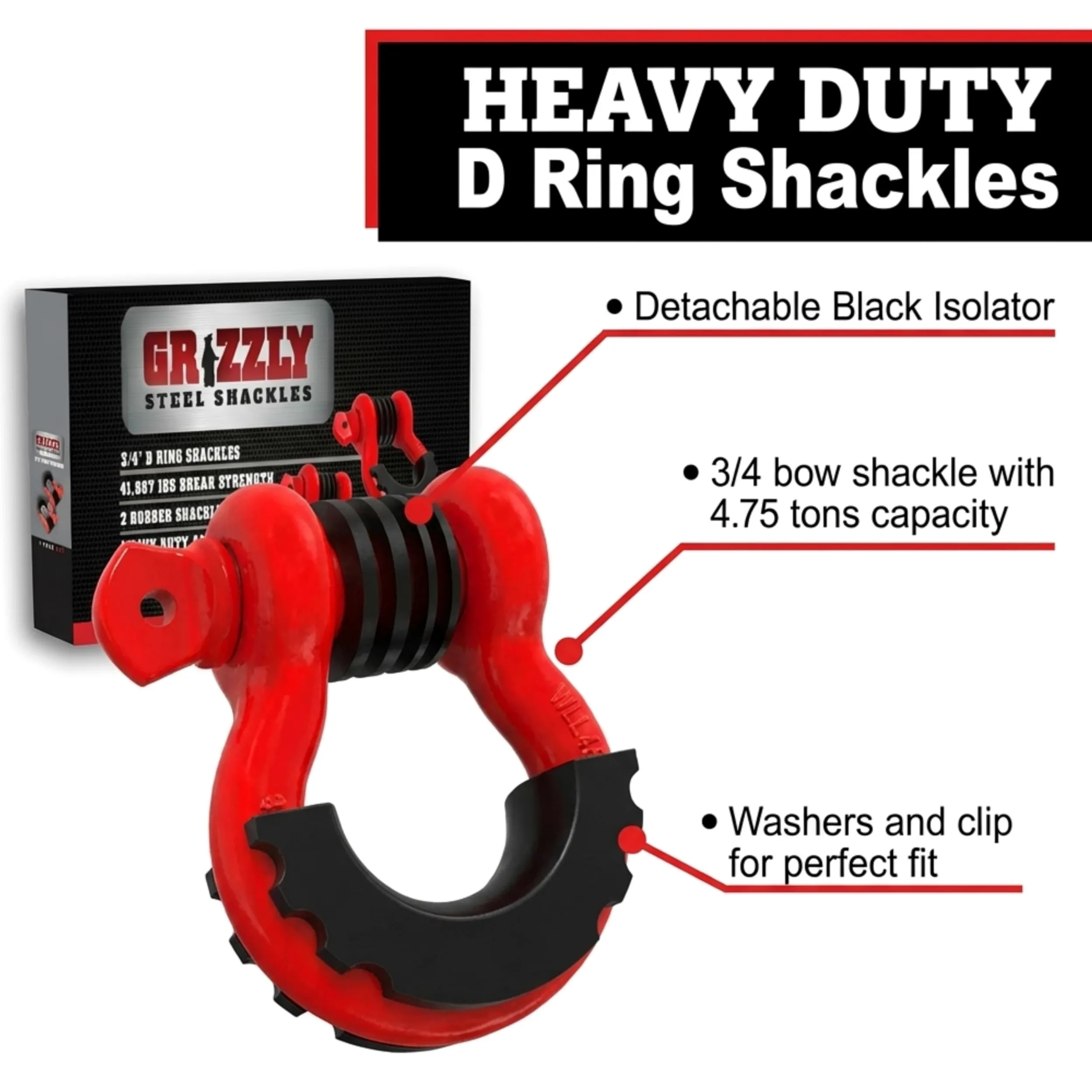 Grilletes de anillo en D, 3/4 pulgadas, paquete de 2, resistente, incluye protector de grillete y arandelas, ideal para Jeeps, ATV, camiones para usar con recuperación, remolque, correas de enganche