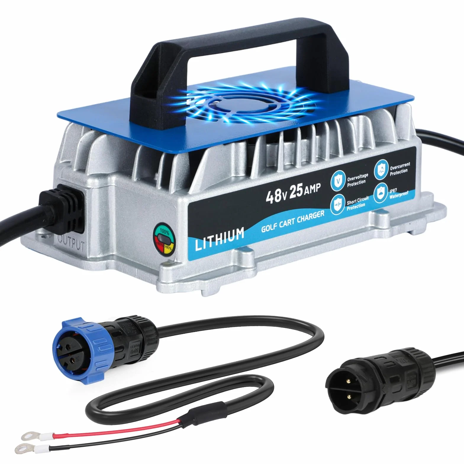 KAISAL 48V Cargador de baterías de Litio, Cargador LiFePO4 de batería 58.4V 25A, 1250 W, con Ventilador de refrigeración, para Carritos de Golf, Barcos, Autocaravanas y Solares. Impermeable IP67